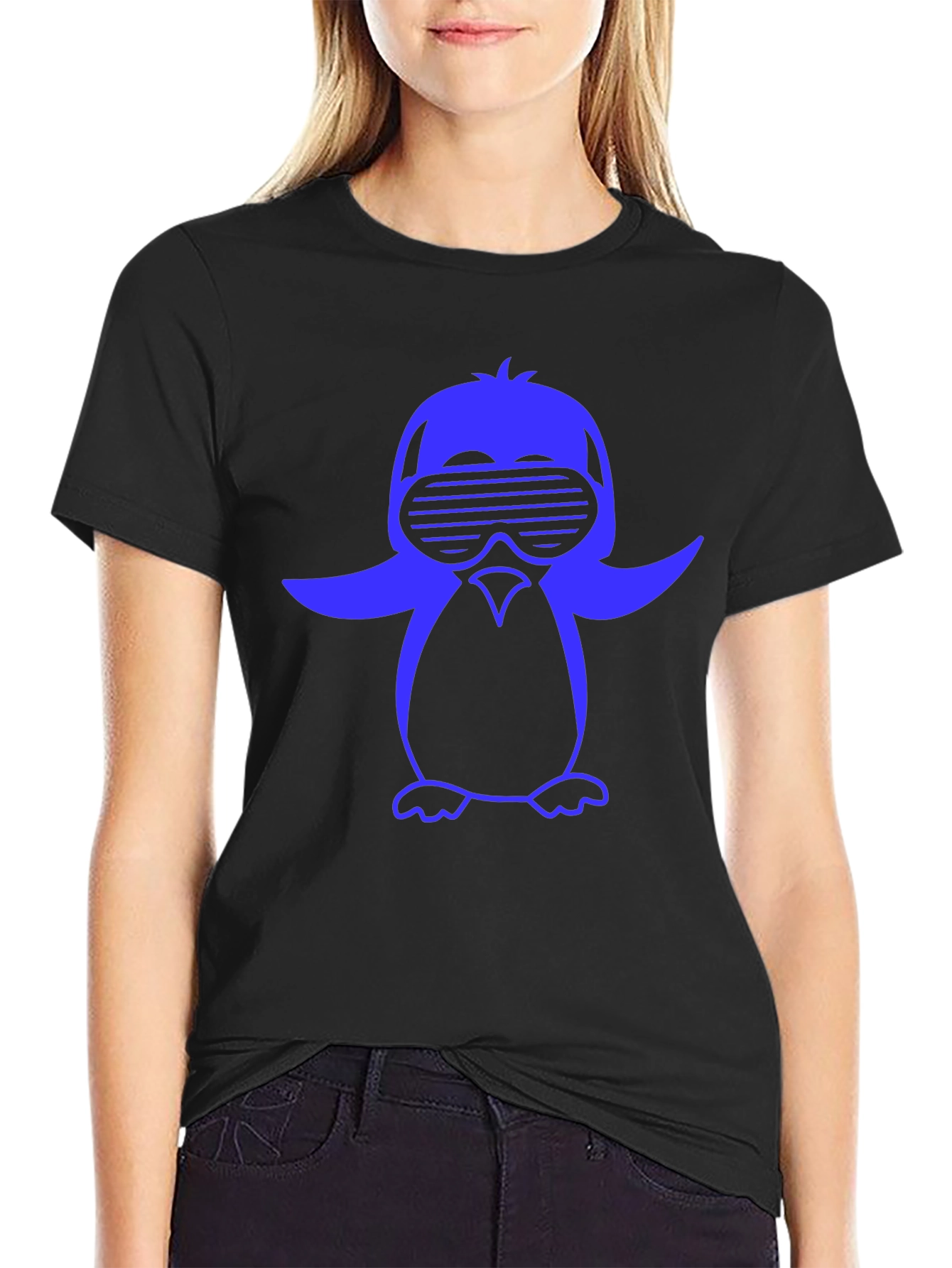 Black Cool Penguin Graphic Tee - Black Cotton Blend Shirt view 2