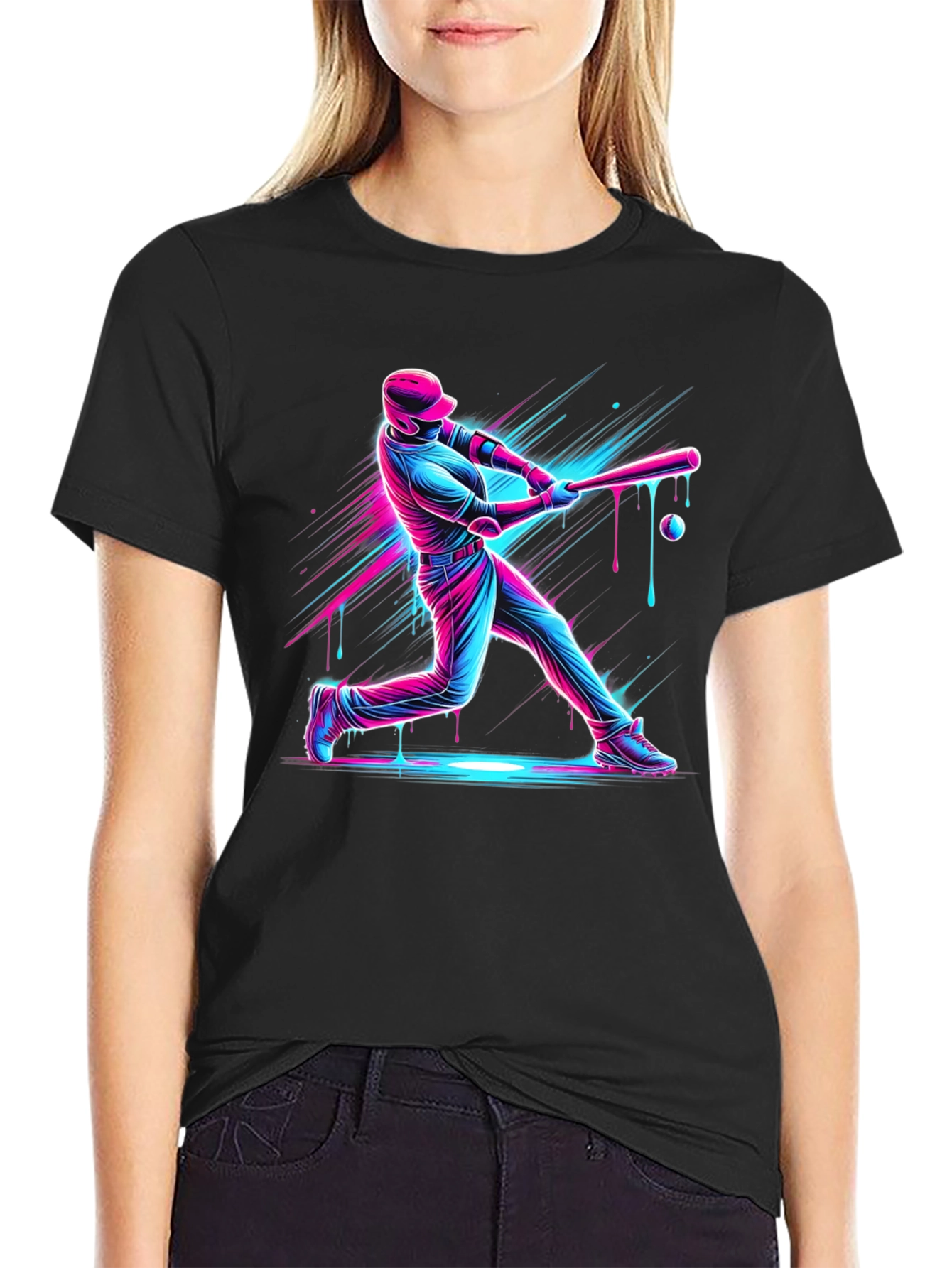 Black Neon Baseball Graphic Tee - Black Cotton Blend view 2