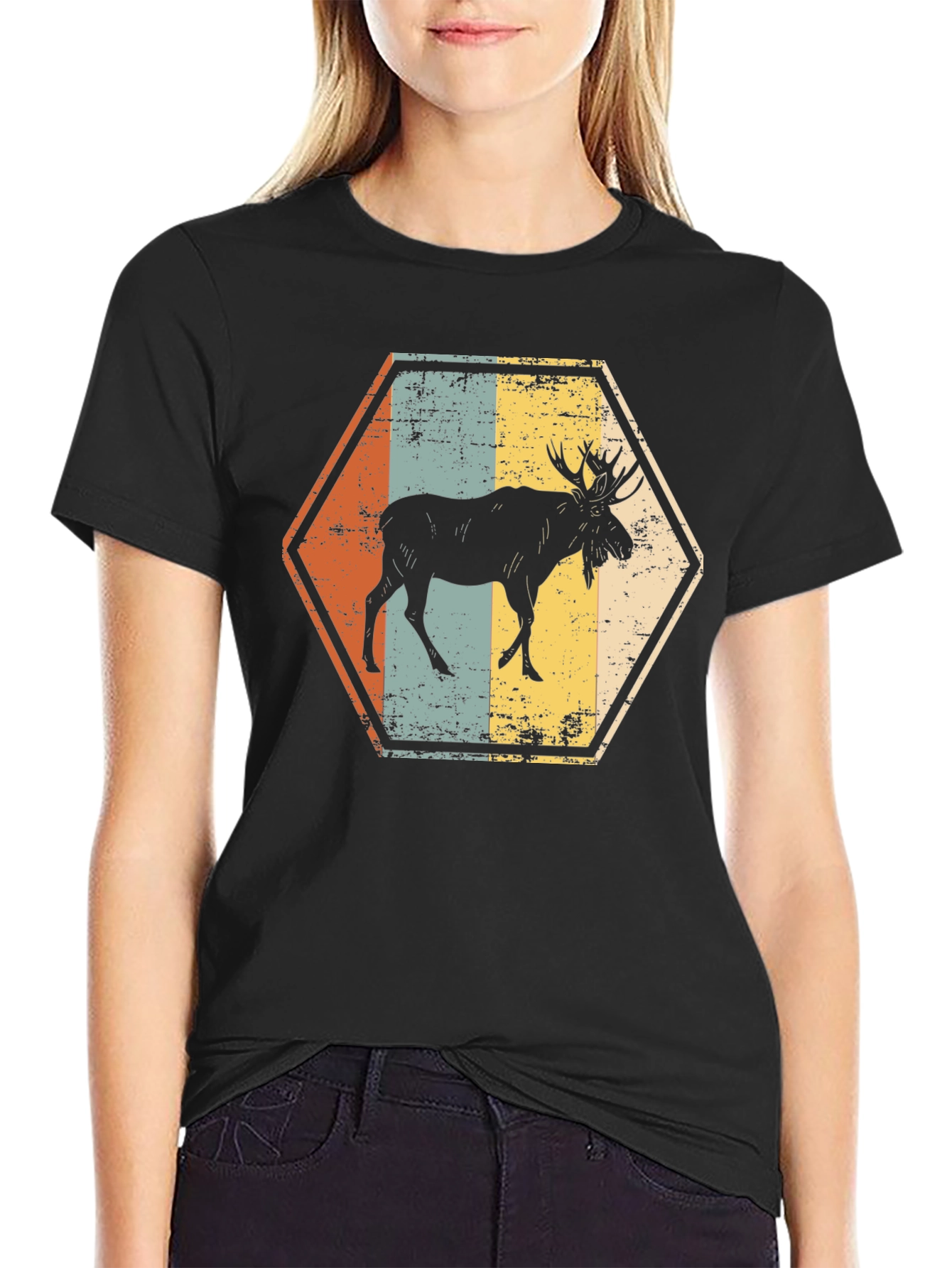 Black Retro Moose Hexagon T-Shirt view 2