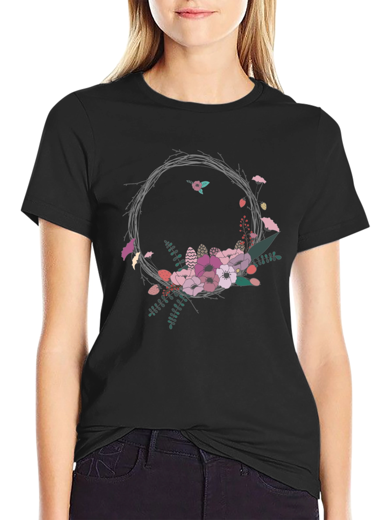 Black Floral Wreath Graphic Tee - Stylish and Unique view 2