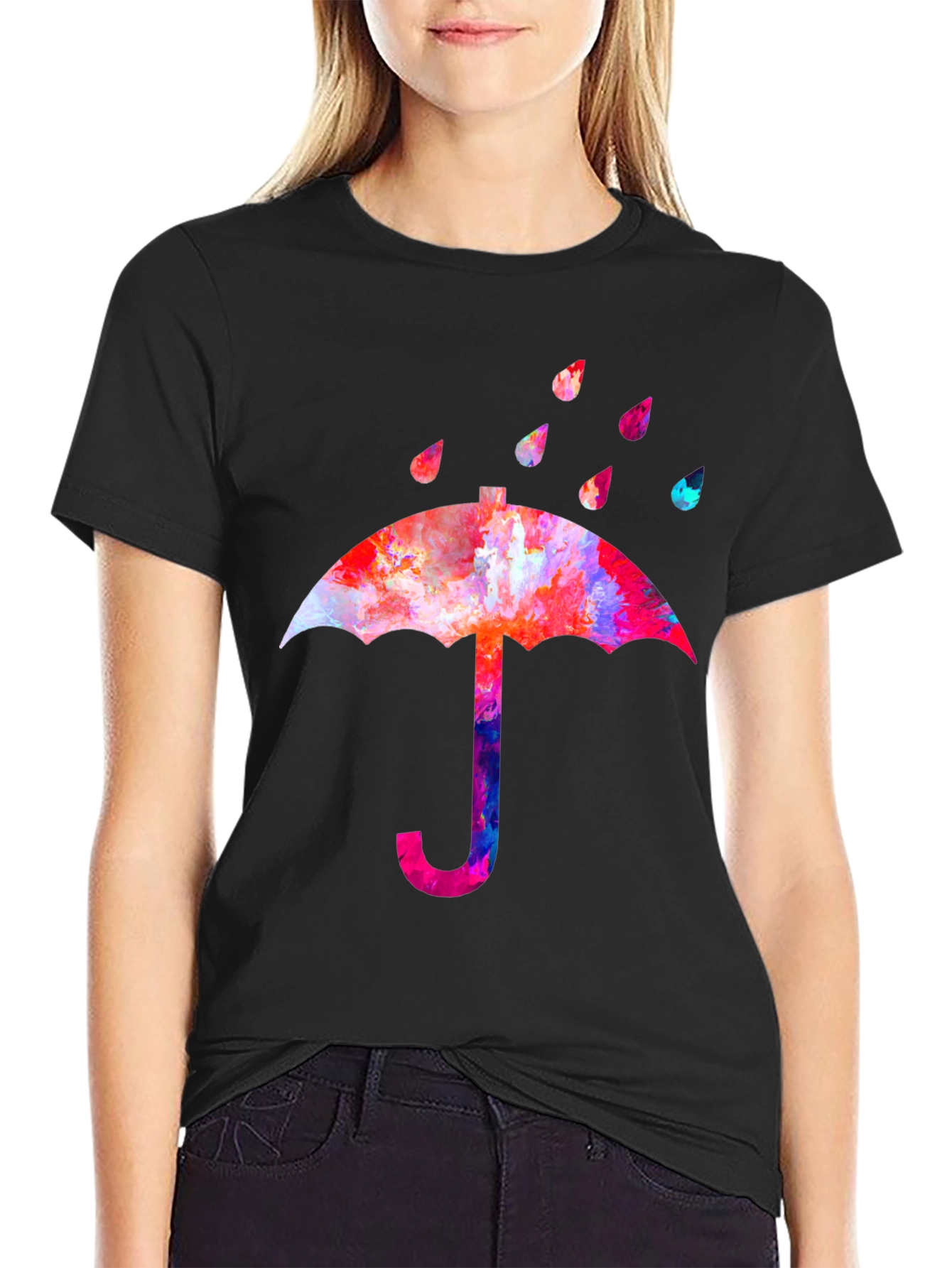 Black Colorful Umbrella Graphic T-Shirt view 2