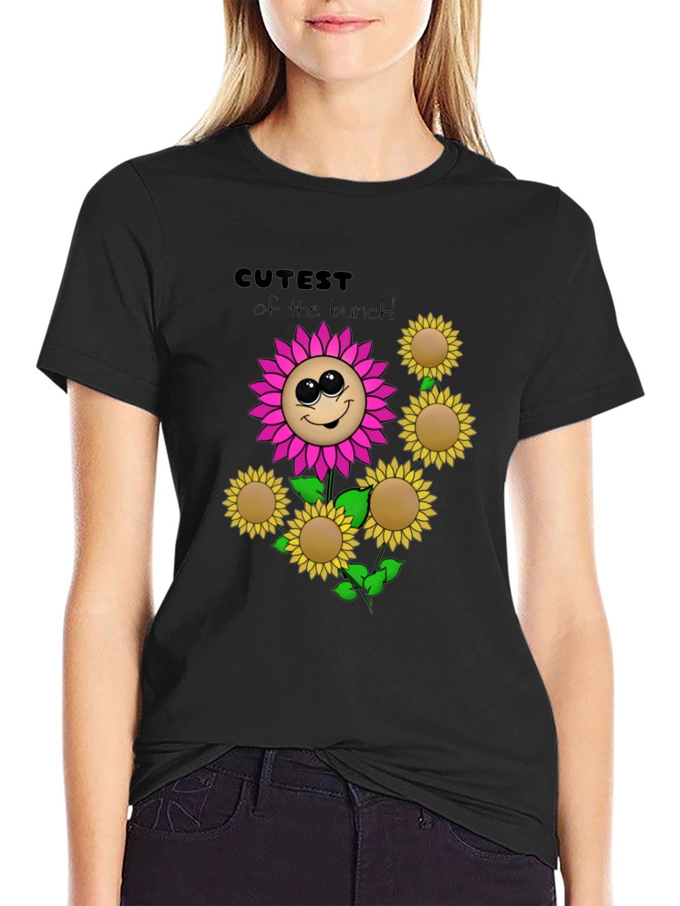 Black Cute Flower Graphic Black T-Shirt view 2