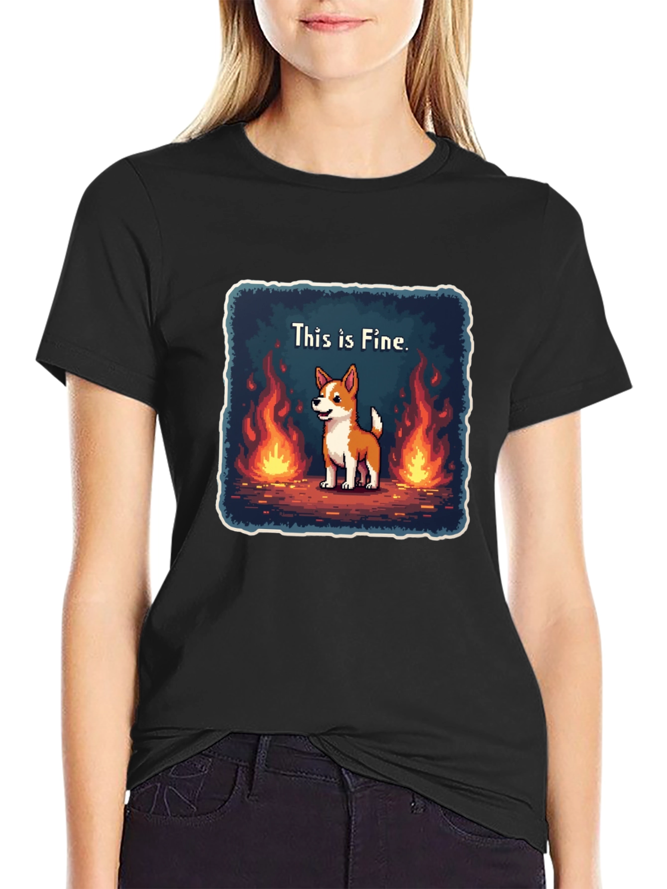Black This Is Fine Dog Meme T-Shirt - Burning Situation Comfort Tee view 2
