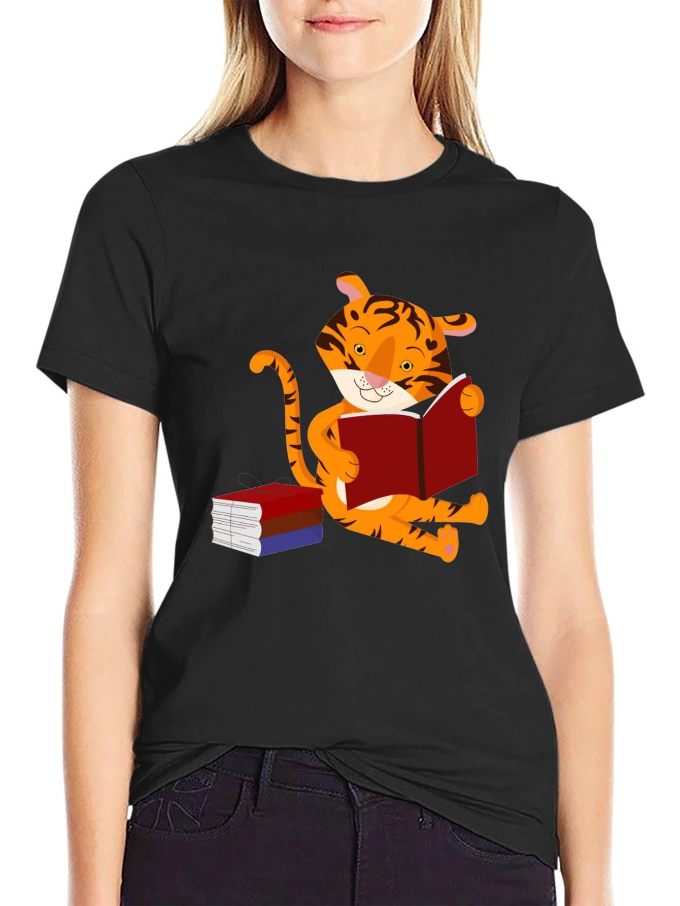 Black Cute Tiger Reading Book Graphic T-Shirt view 2