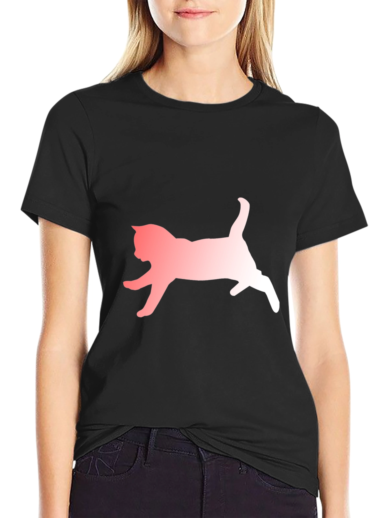 Black Cat Silhouette Graphic Tee - Black Cotton Blend Casual T-Shirt view 2