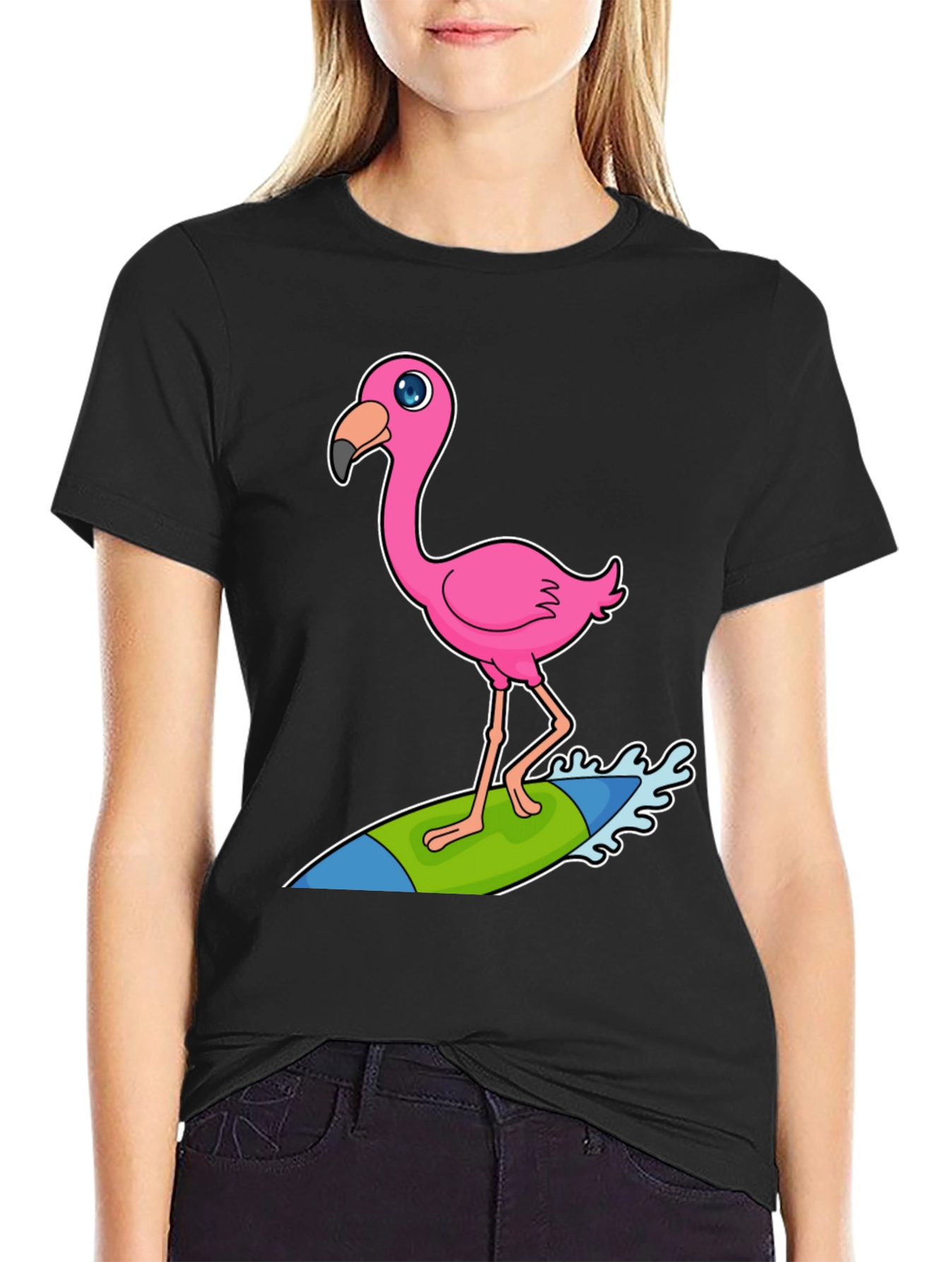 Black Surfing Flamingo Graphic Tee - Black Cotton T-Shirt view 2