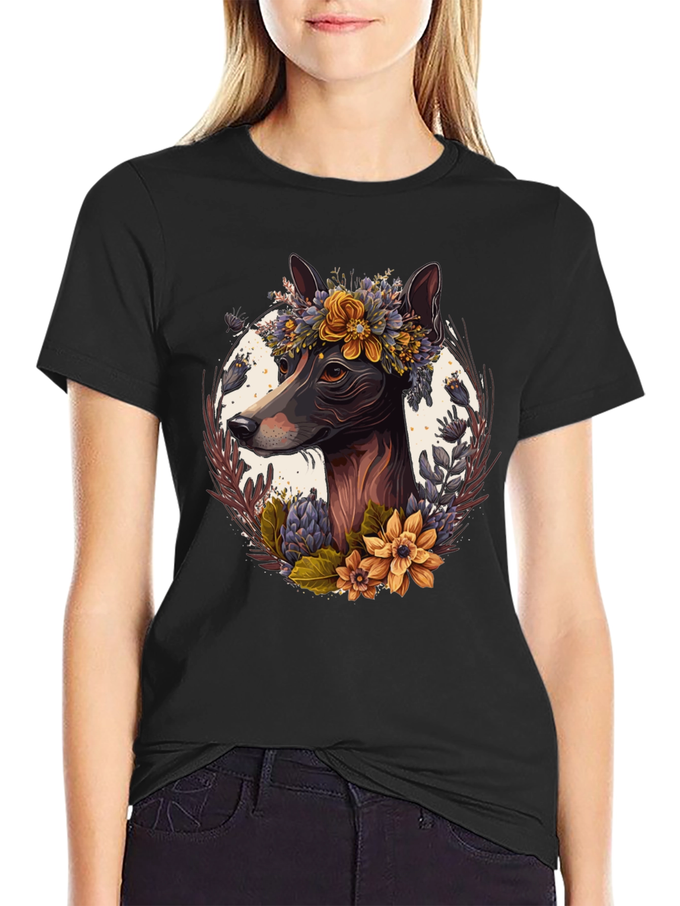 Black Dog Floral Wreath T-Shirt view 2