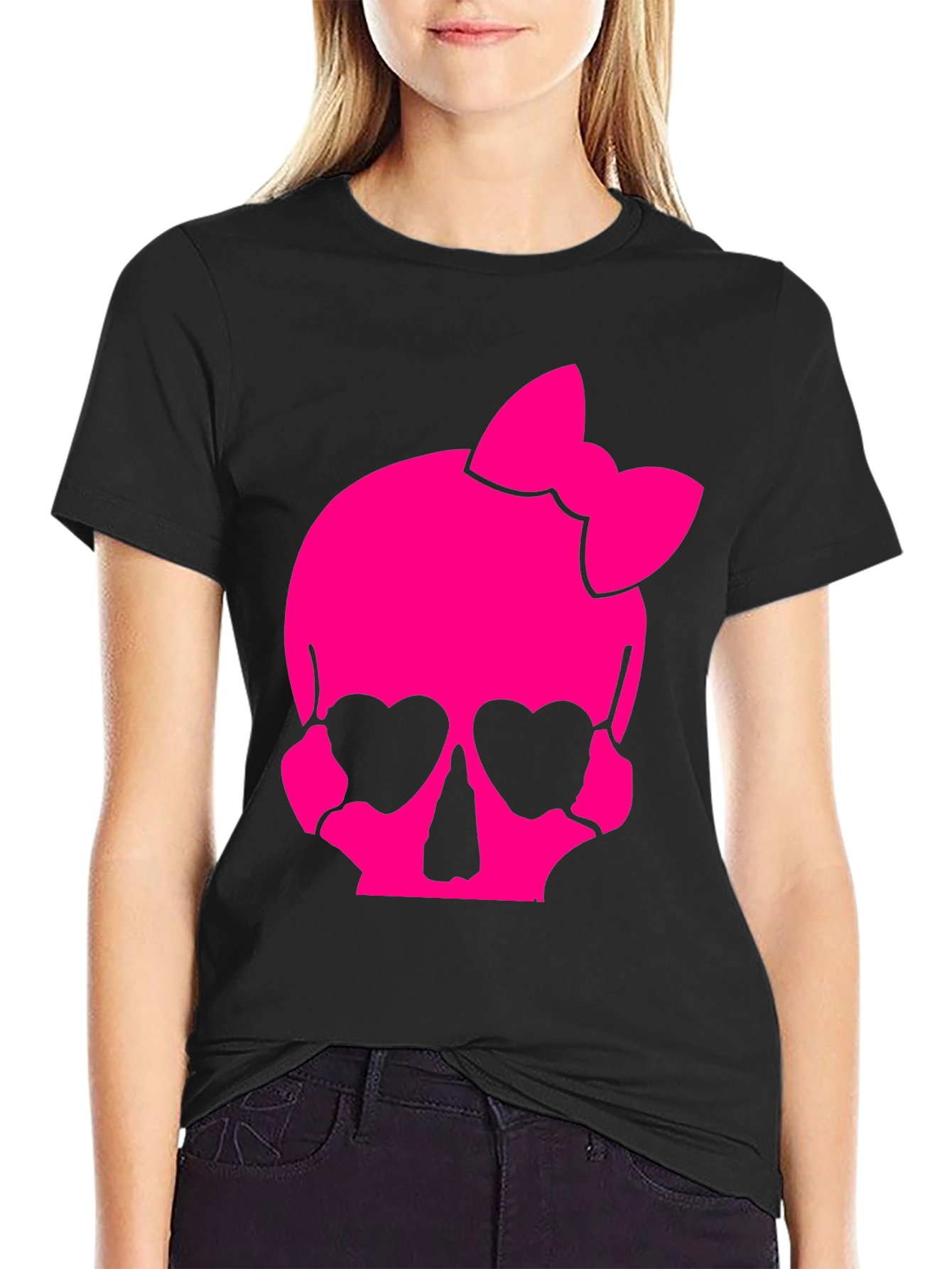 Black Skull Bow T-Shirt - Pink Gothic Style view 2