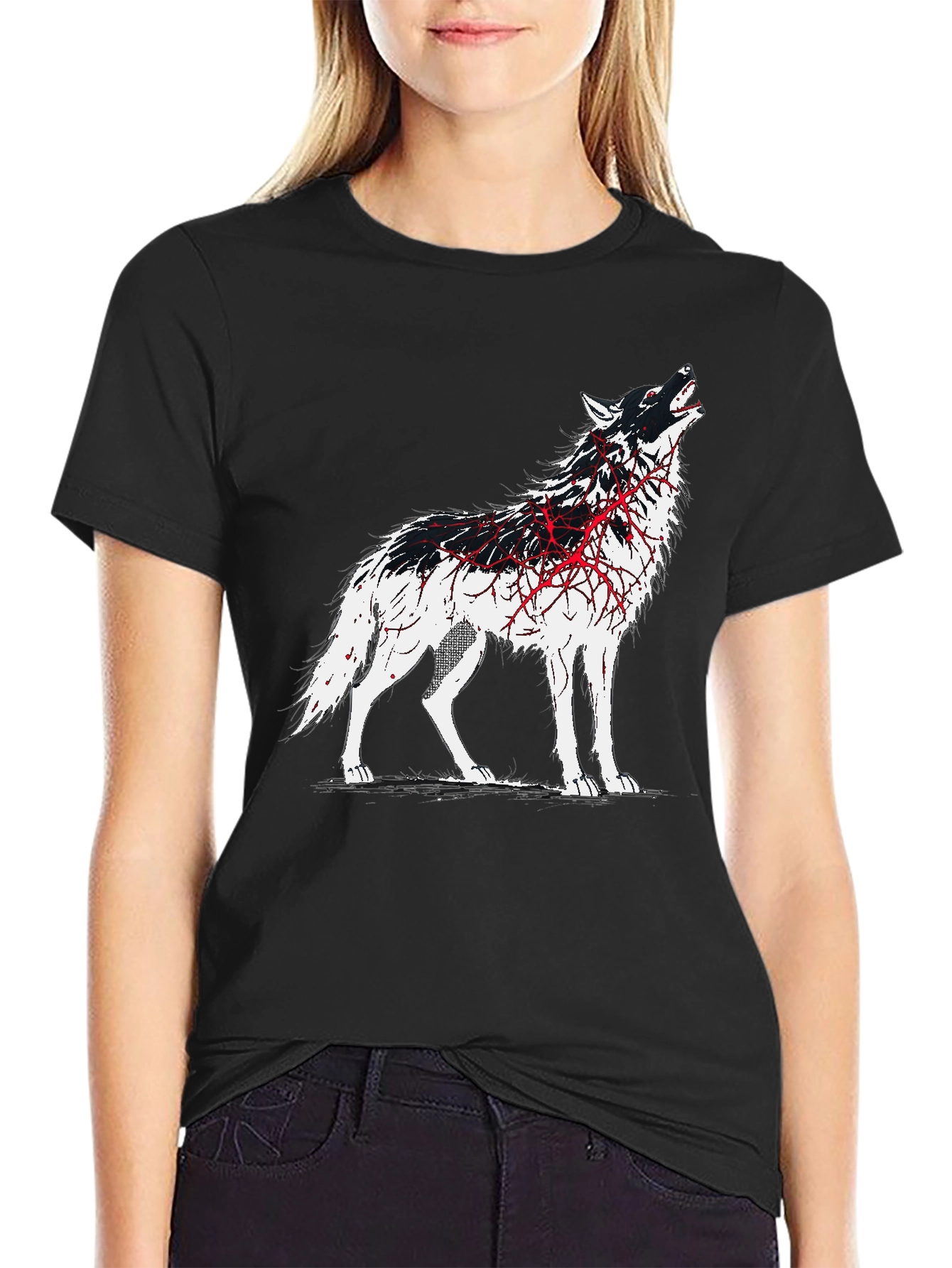 Black Wolf Graphic Print T-Shirt - Black view 2