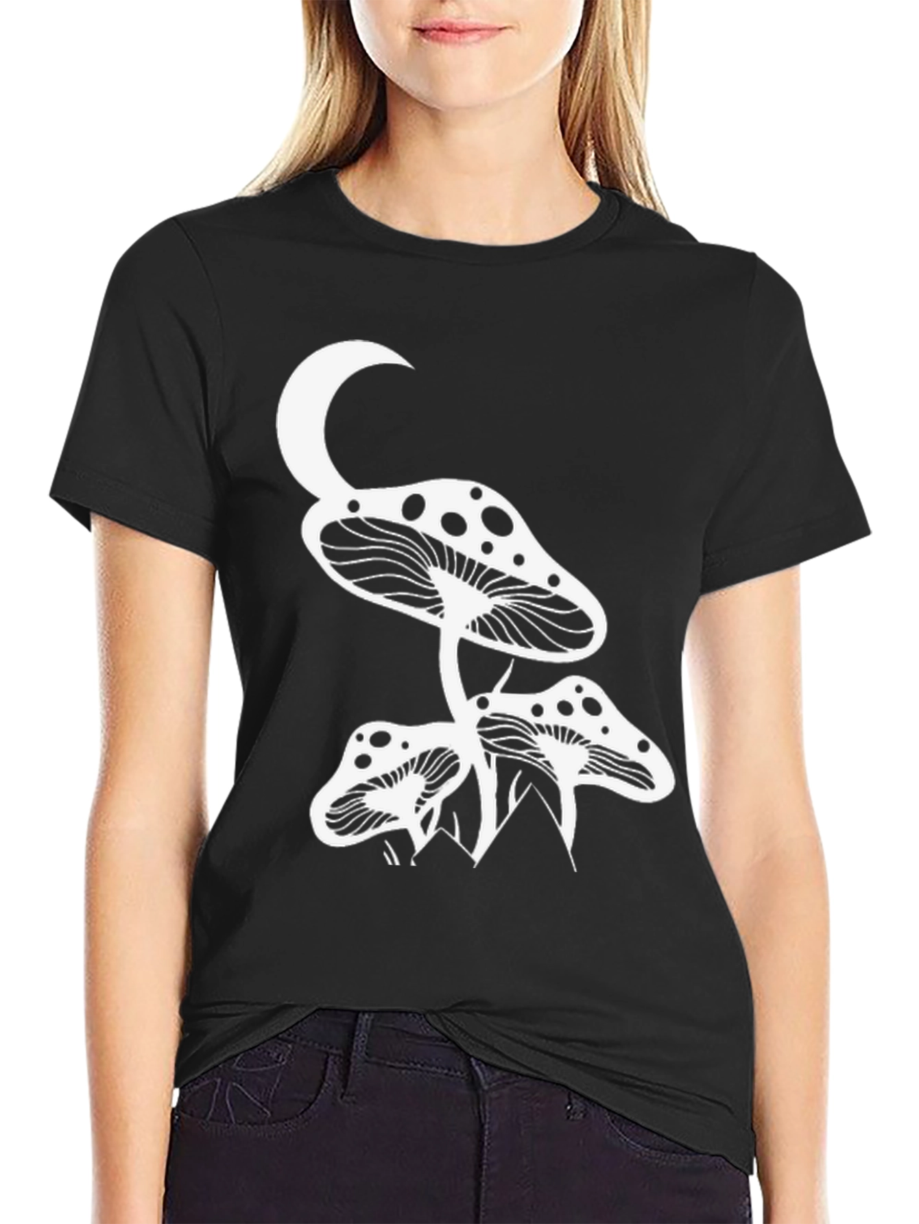 Black Mushroom Moon Graphic Tee - Black Cotton T-Shirt view 2