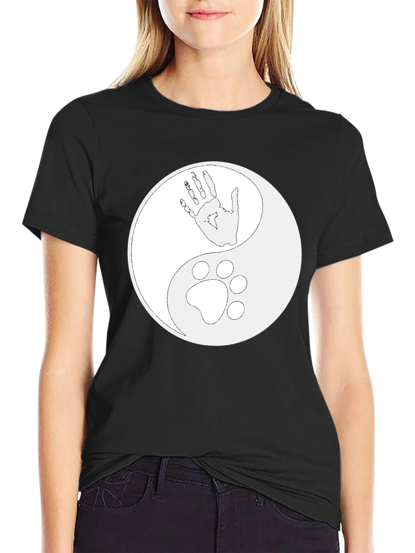 Black Yin Yang Hand & Paw Print T-Shirt - Black view 2