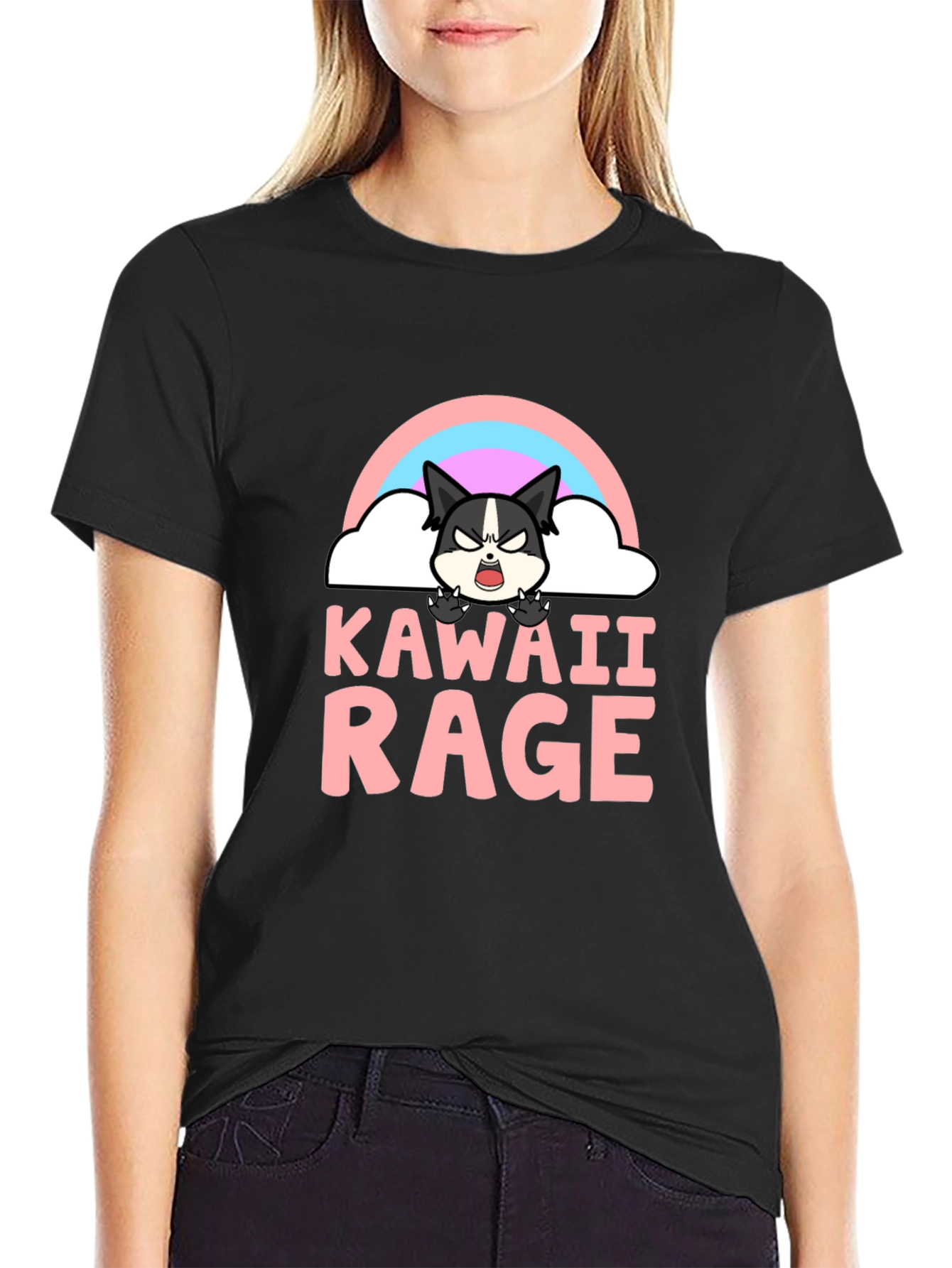 Black Kawaii Rage Black T-Shirt - Angry Cute Cartoon view 2