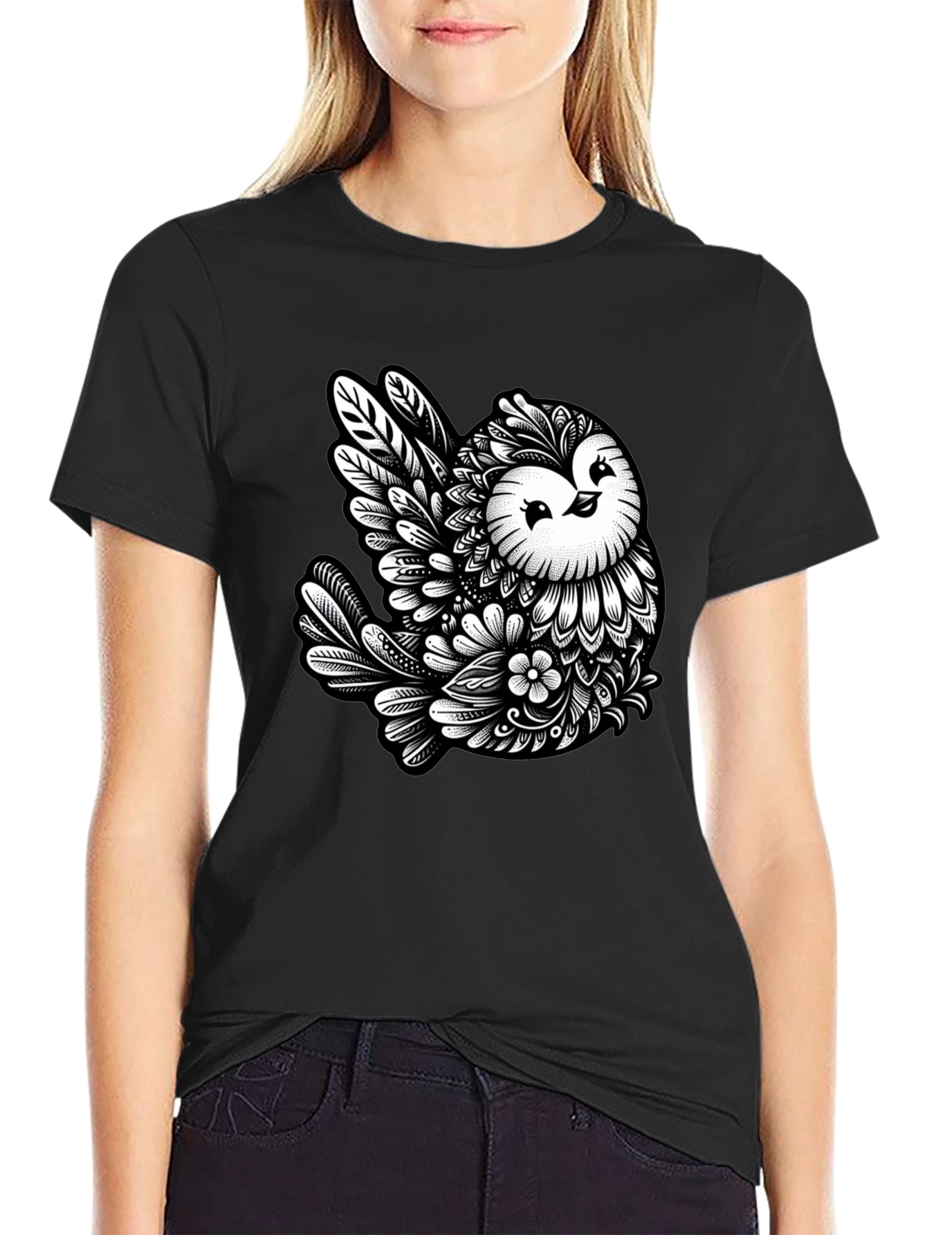 Black Owl Art Black T-Shirt - Unique Graphic Tee view 2