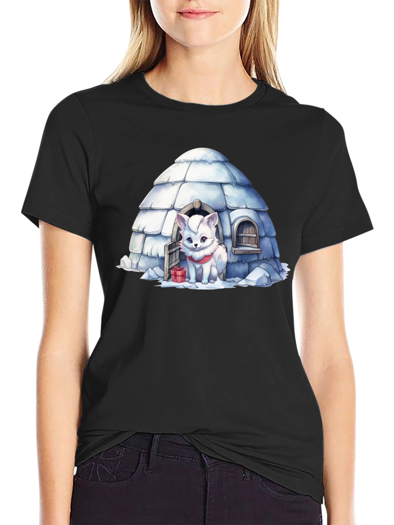 Black Cute Arctic Fox in Igloo Graphic Tee view 2