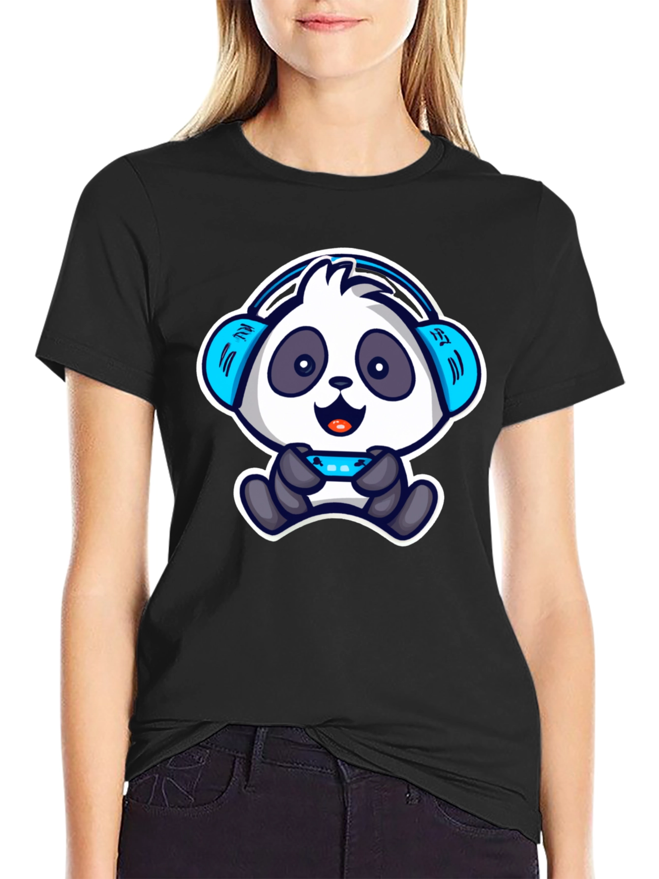 Black Gamer Panda T-Shirt - Cool Cartoon Design view 2