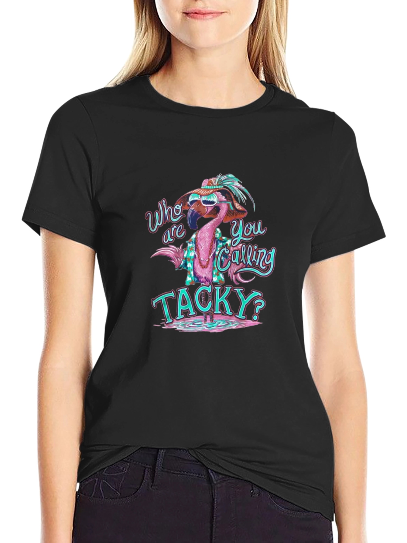 Black Funny Flamingo Tacky Graphic T-Shirt view 2
