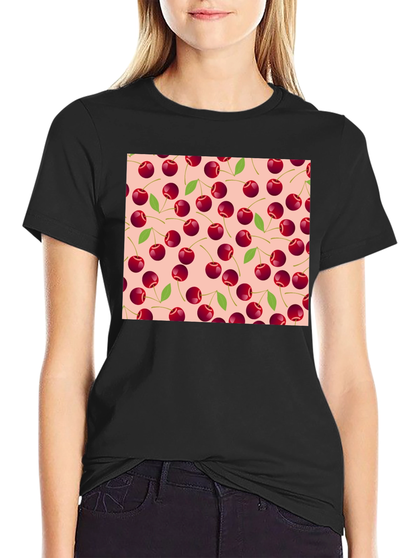 Black Cherry Pattern Tee - Black Cotton Casual view 2
