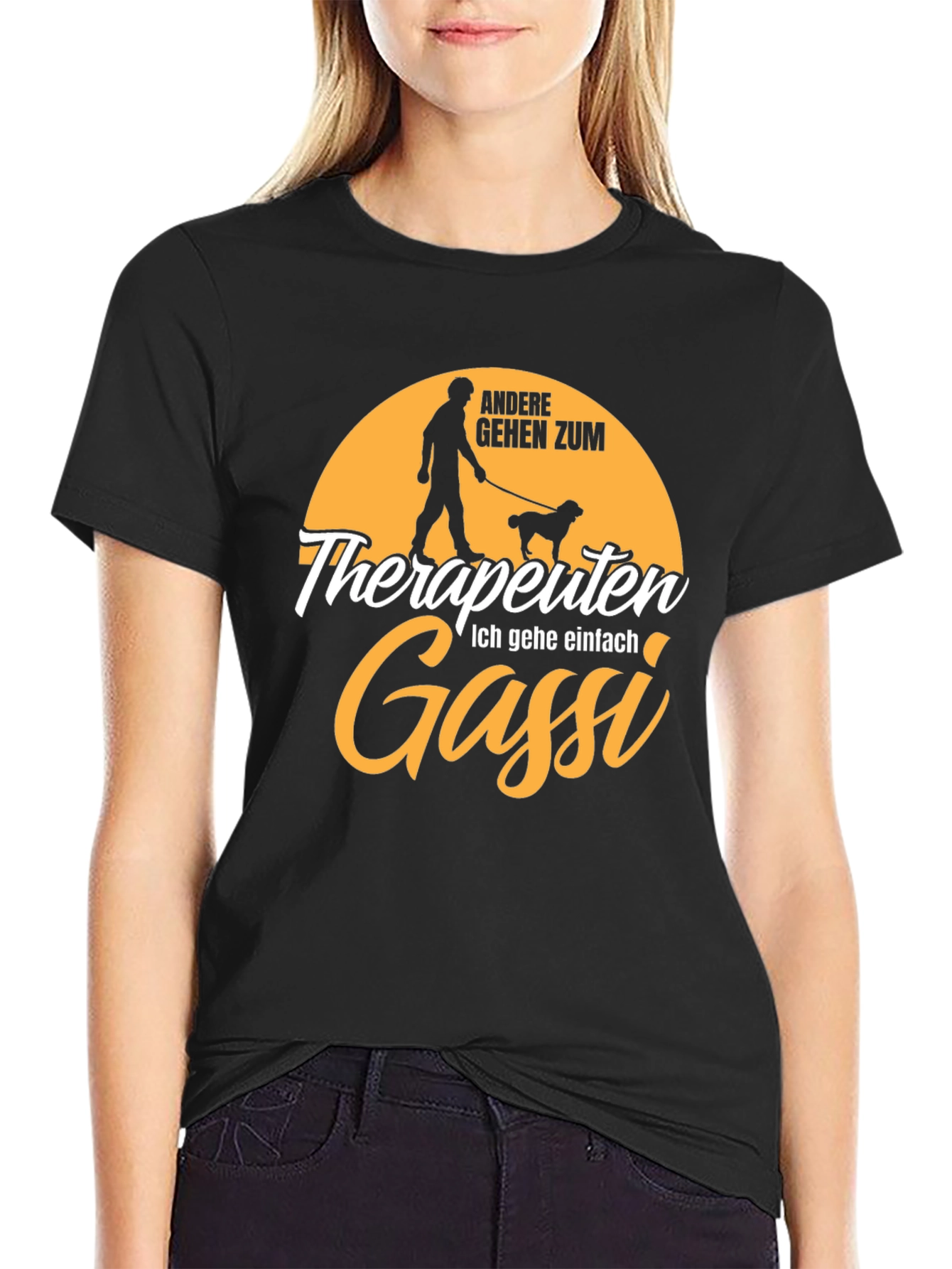 Black Funny Dog Walker T-Shirt - Therapists Gassi Humor Tee view 2