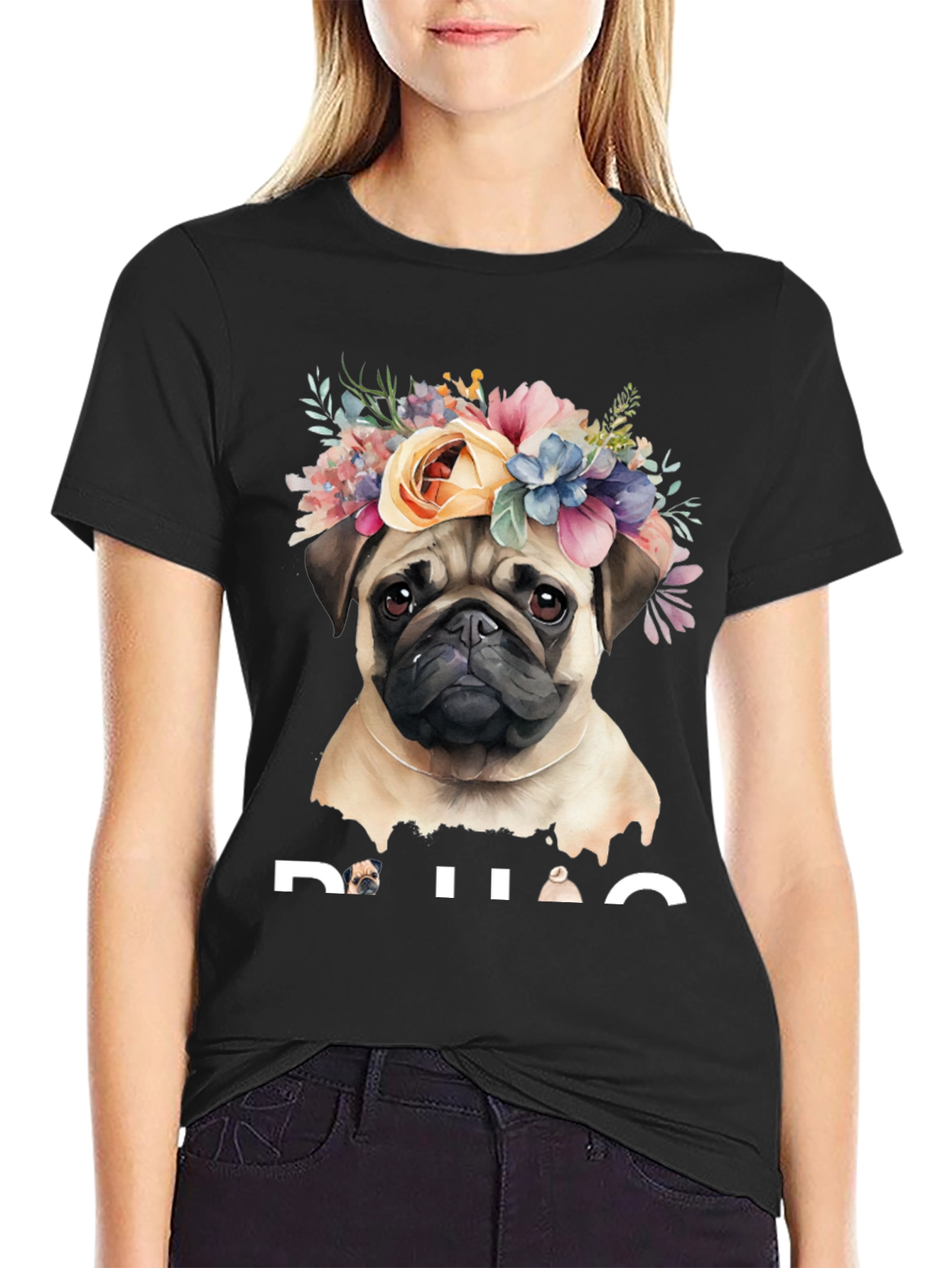 Black Pug Floral Crown Graphic Tee - Black Cotton T-Shirt view 2