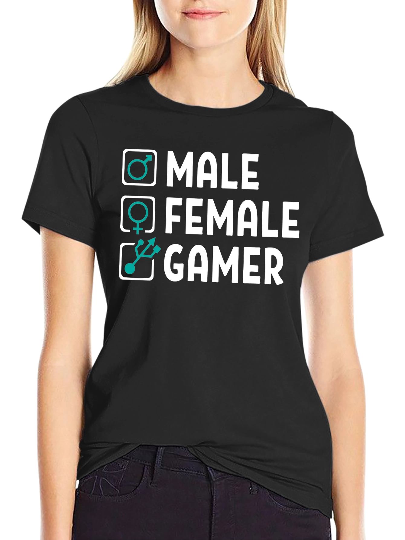 Black Gamer Tee: Male, Female, Gamer - Black Cotton T-Shirt view 2