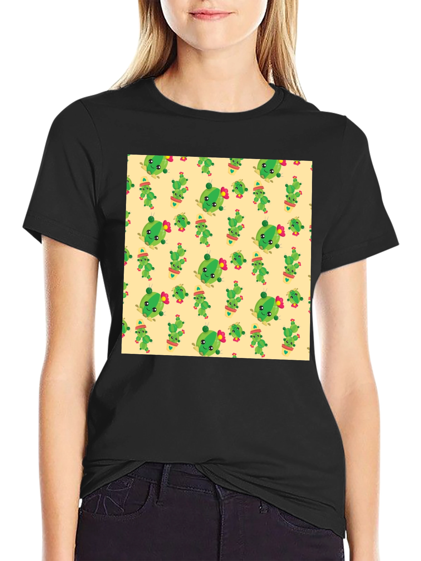 Black Cute Cactus Pattern Black T-Shirt view 2