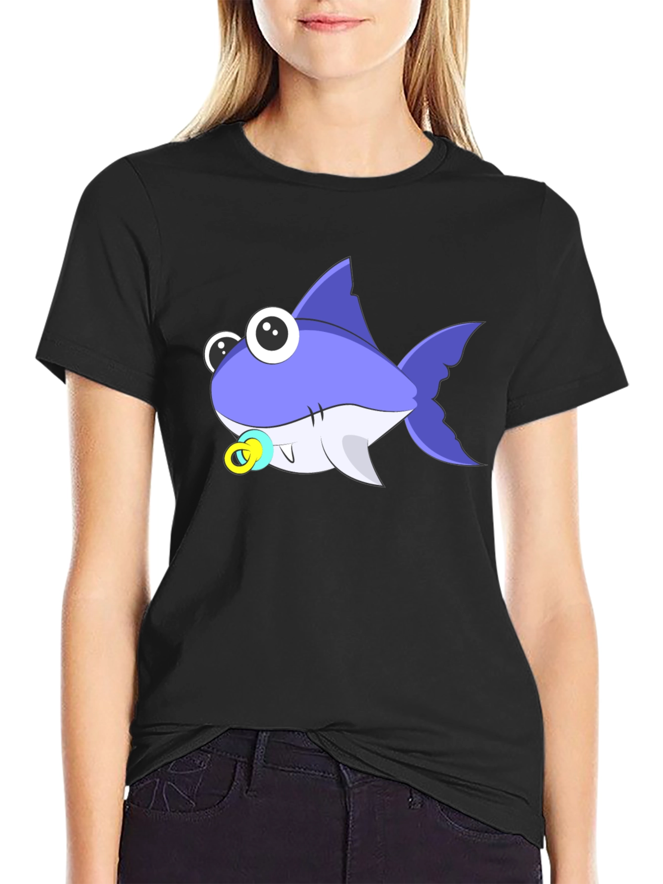 Black Cartoon Shark T-Shirt: Cute Baby Shark Design view 2