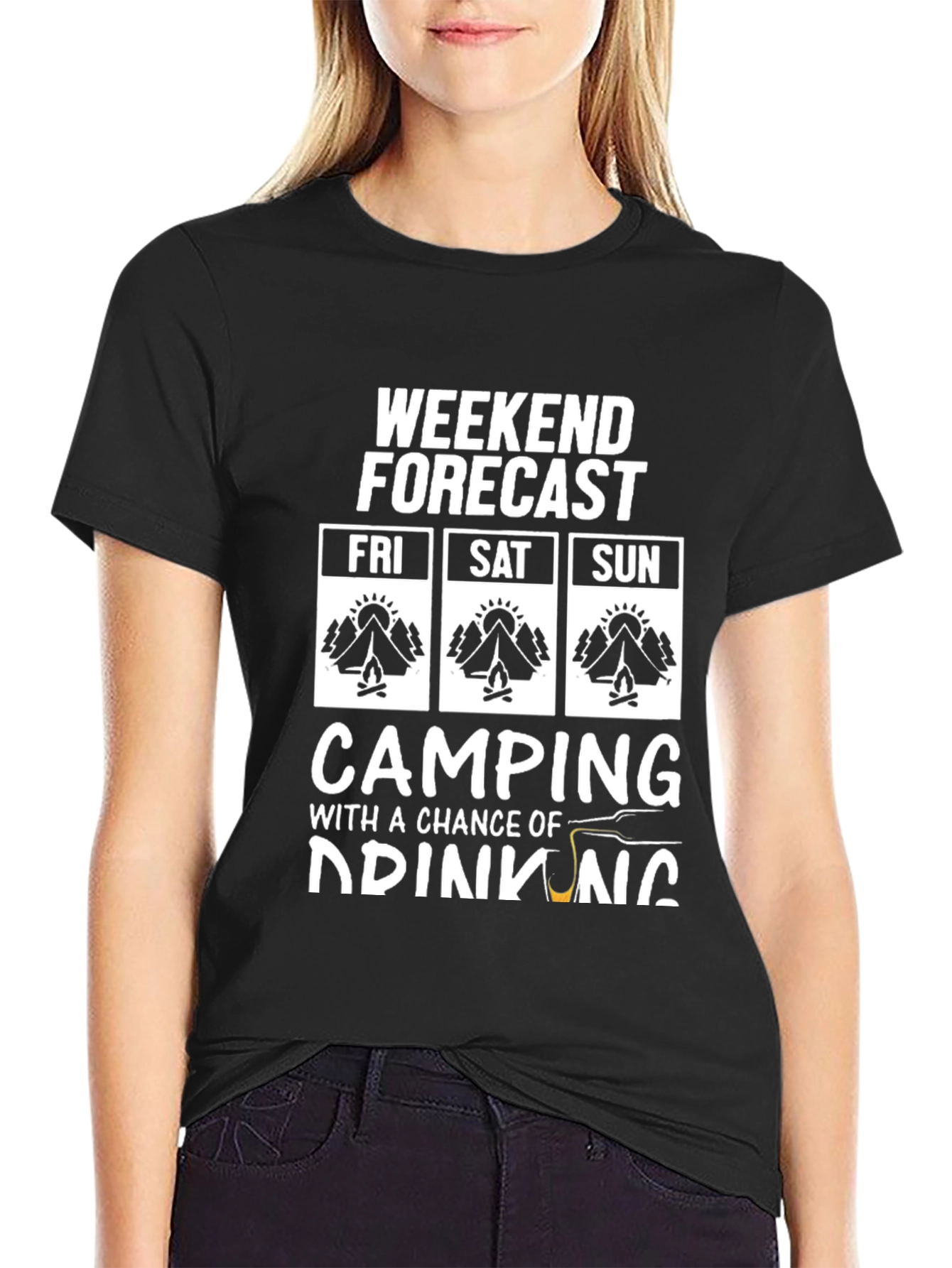 Black Camping & Drinking Weekend Forecast Graphic Tee view 2