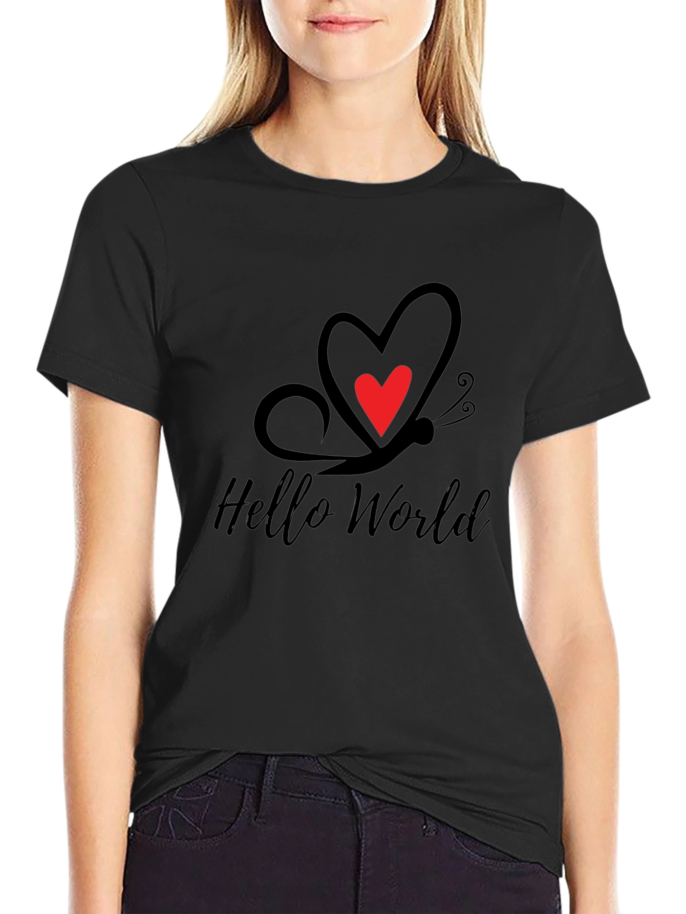 Black Hello World Butterfly Heart Tee view 2
