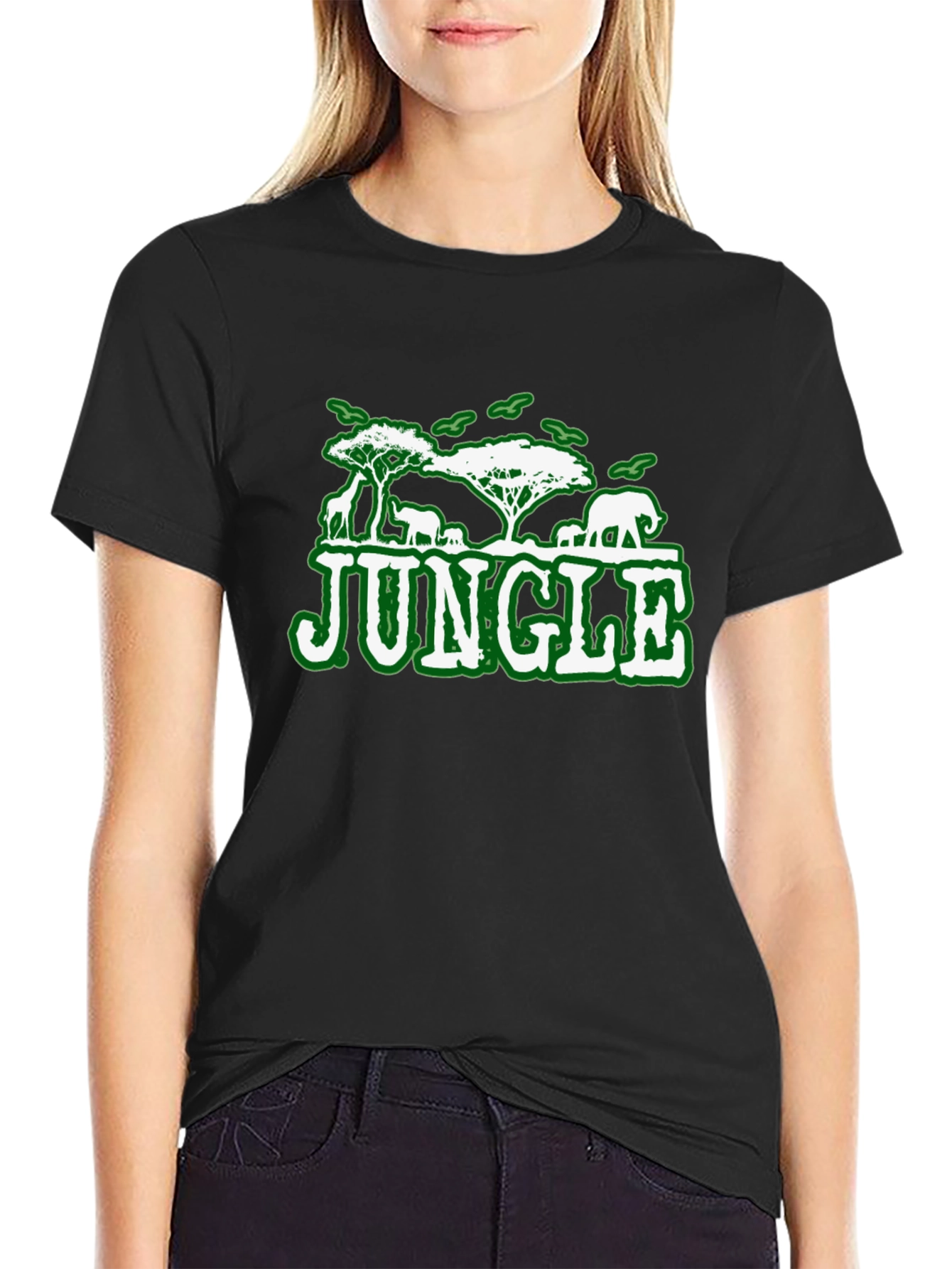 Black Jungle Animal Graphic Print Black T-Shirt view 2
