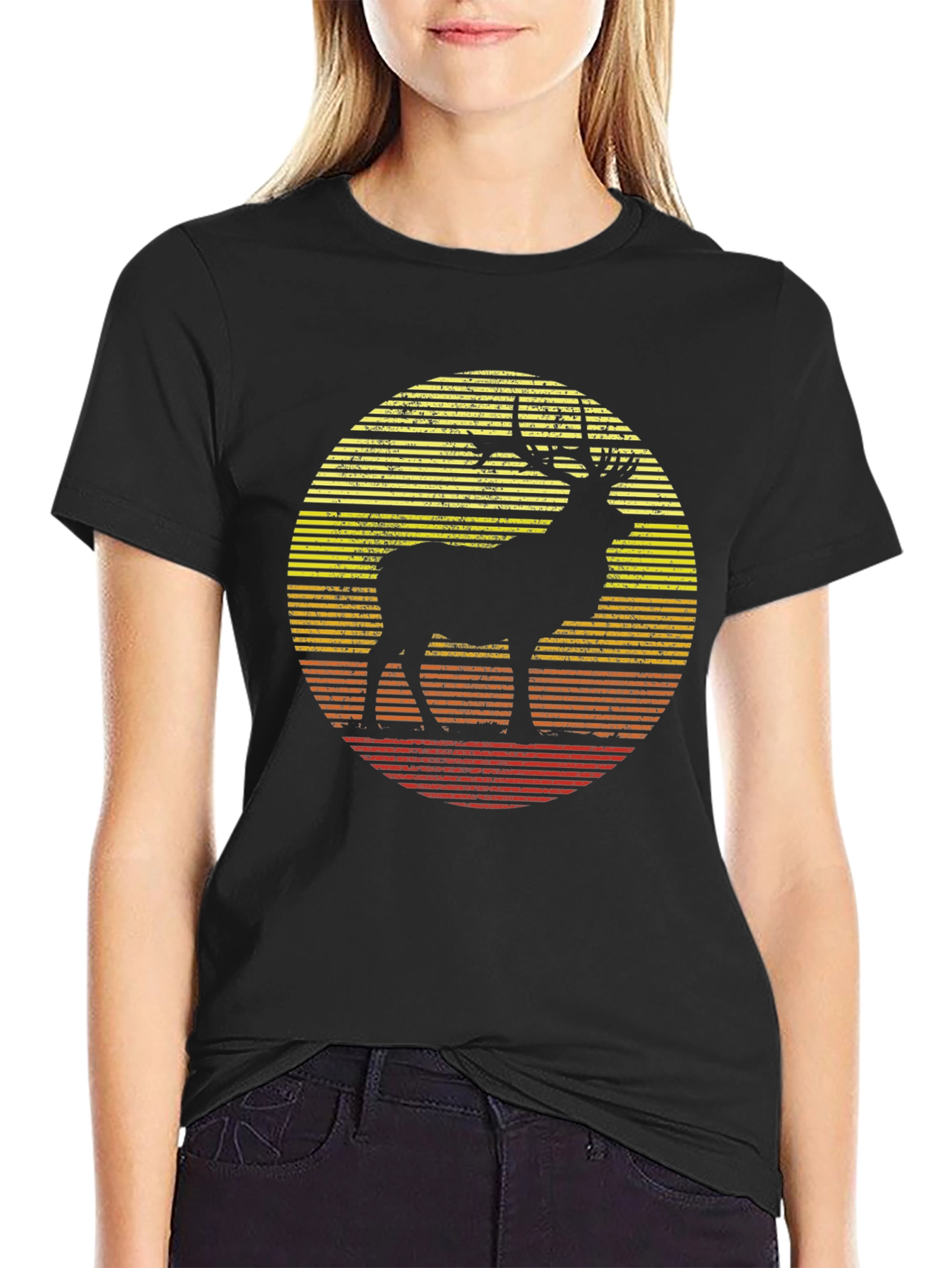 Black Retro Elk Sunset Graphic T-Shirt view 2