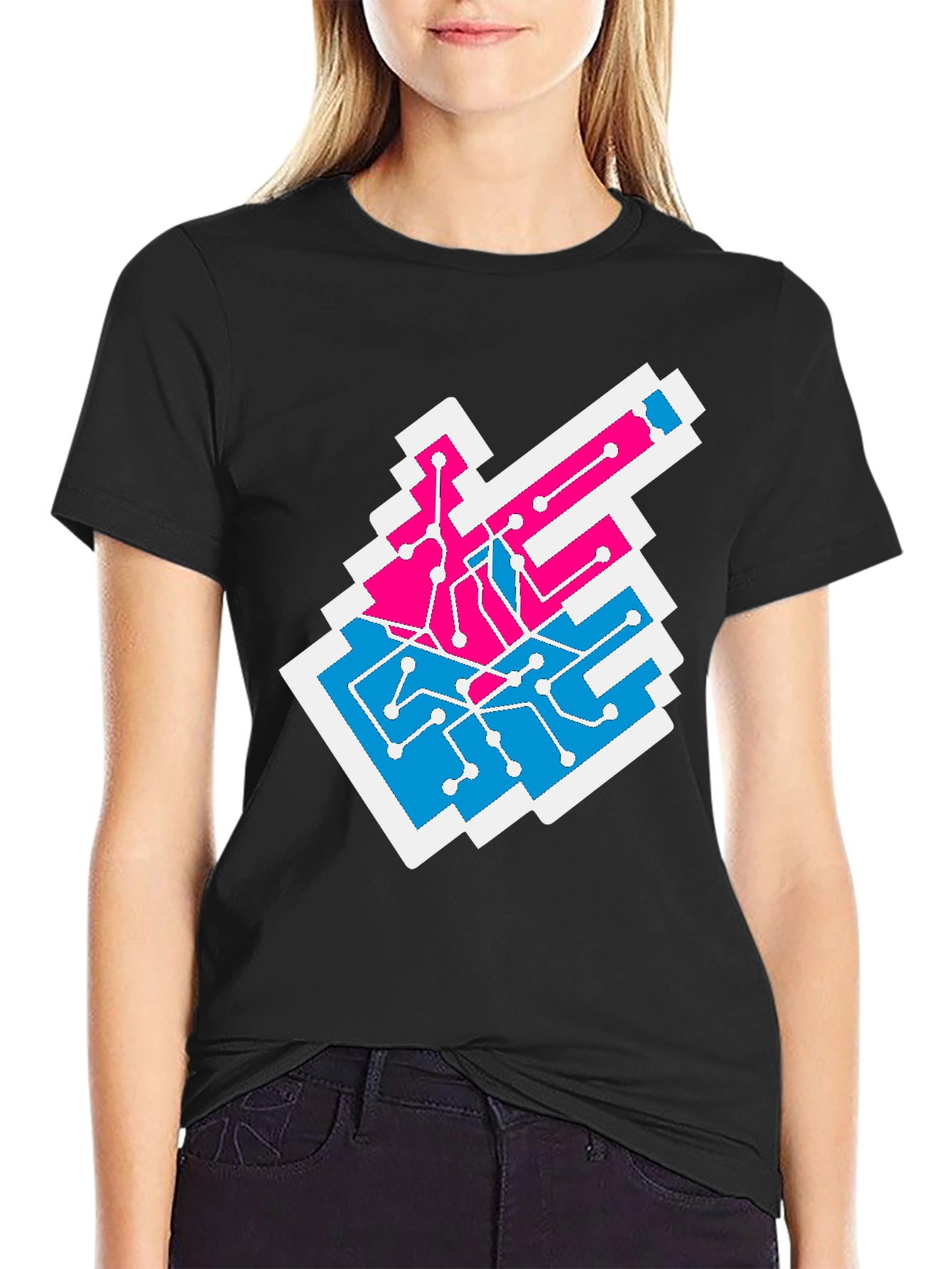 Black Circuit Board T-Shirt - Pink & Blue Tech Style view 2