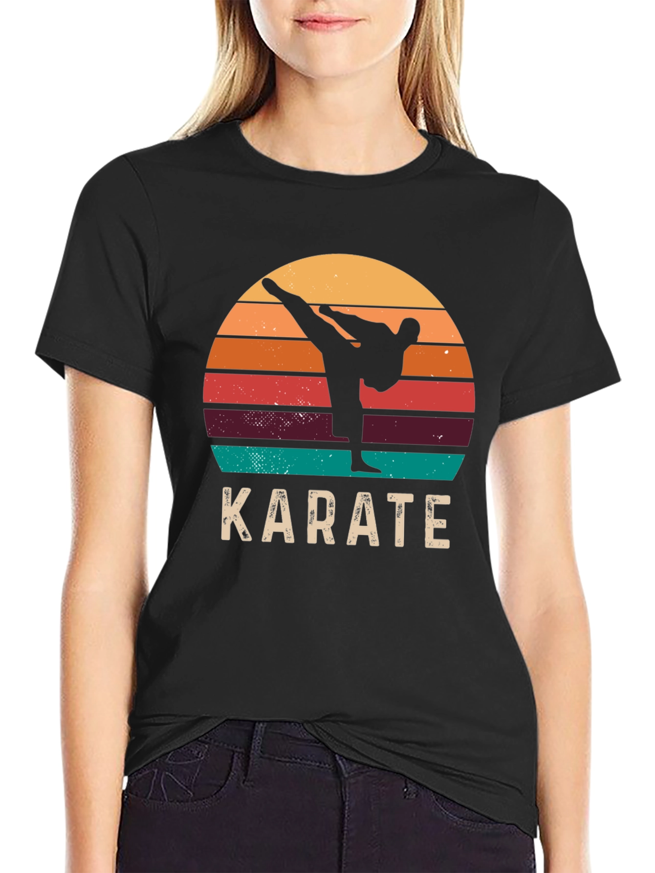 Black Karate Sunset T-Shirt Retro Style Martial Arts Tee view 2