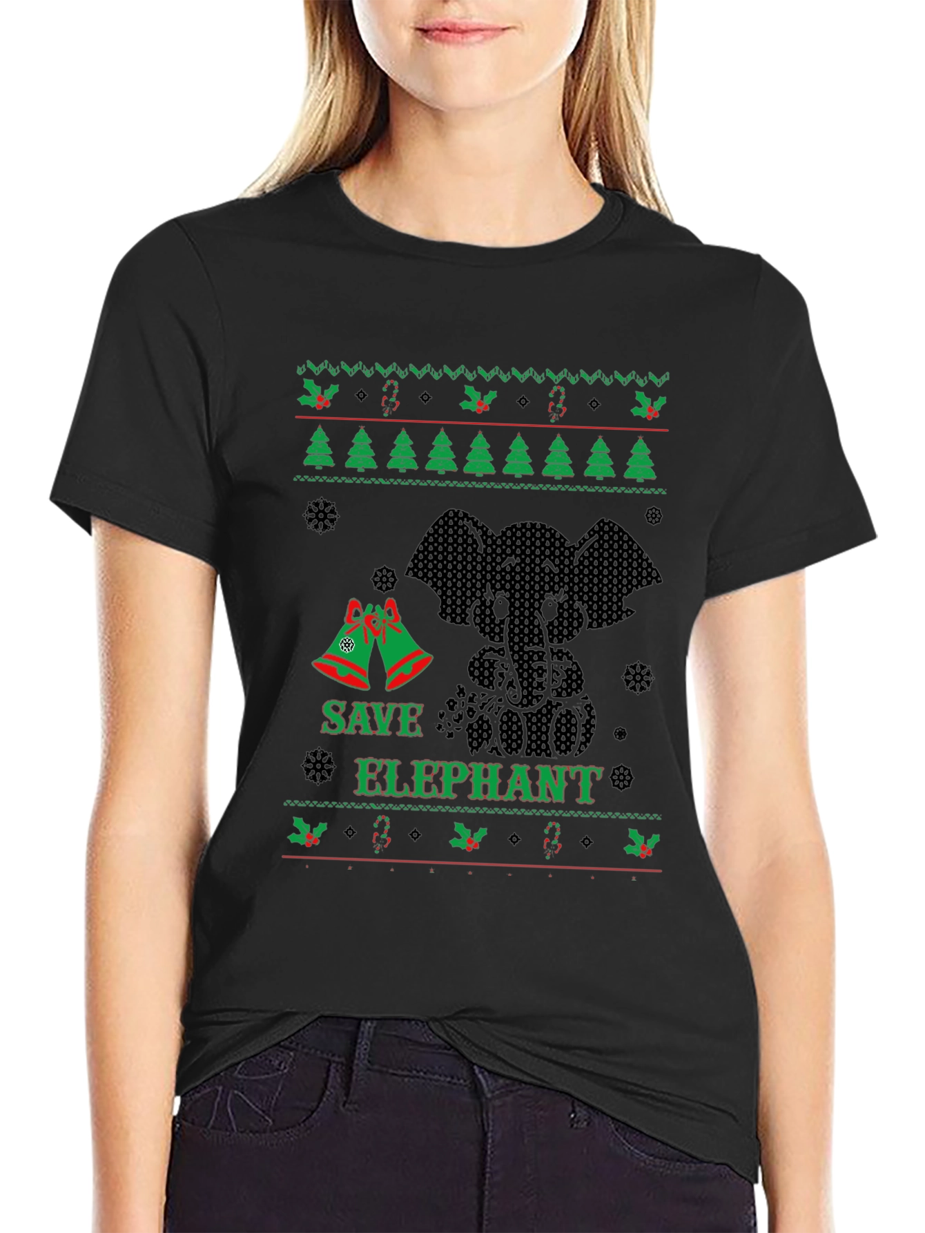 Black Save Elephant Ugly Christmas Sweater T-Shirt view 2