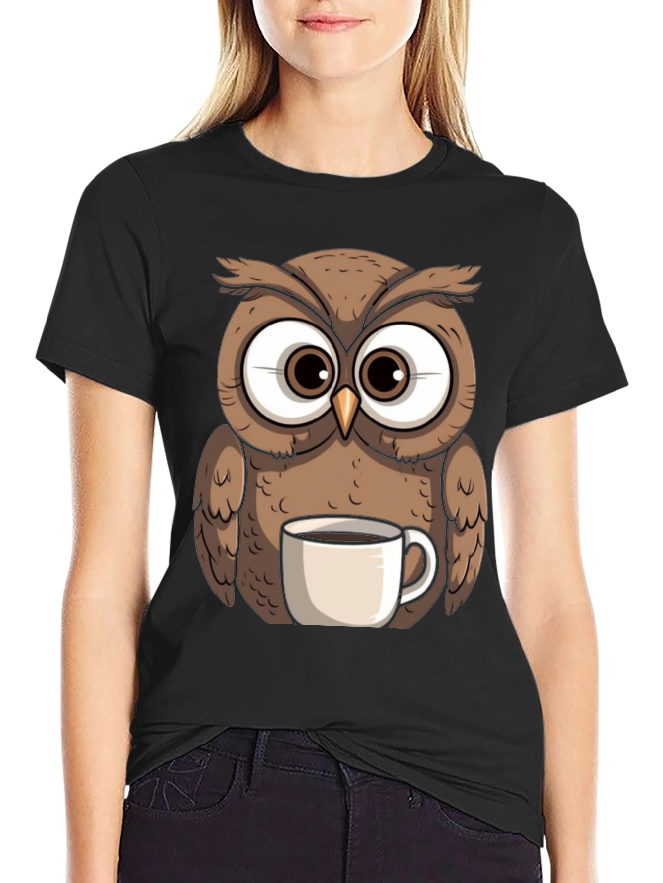 Black Owl with Coffee Mug Graphic Tee view 2