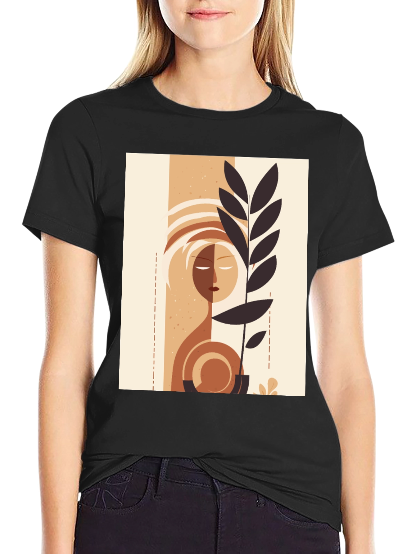 Black Abstract Face & Plant Graphic Tee - Stylish Minimalist Design view 2