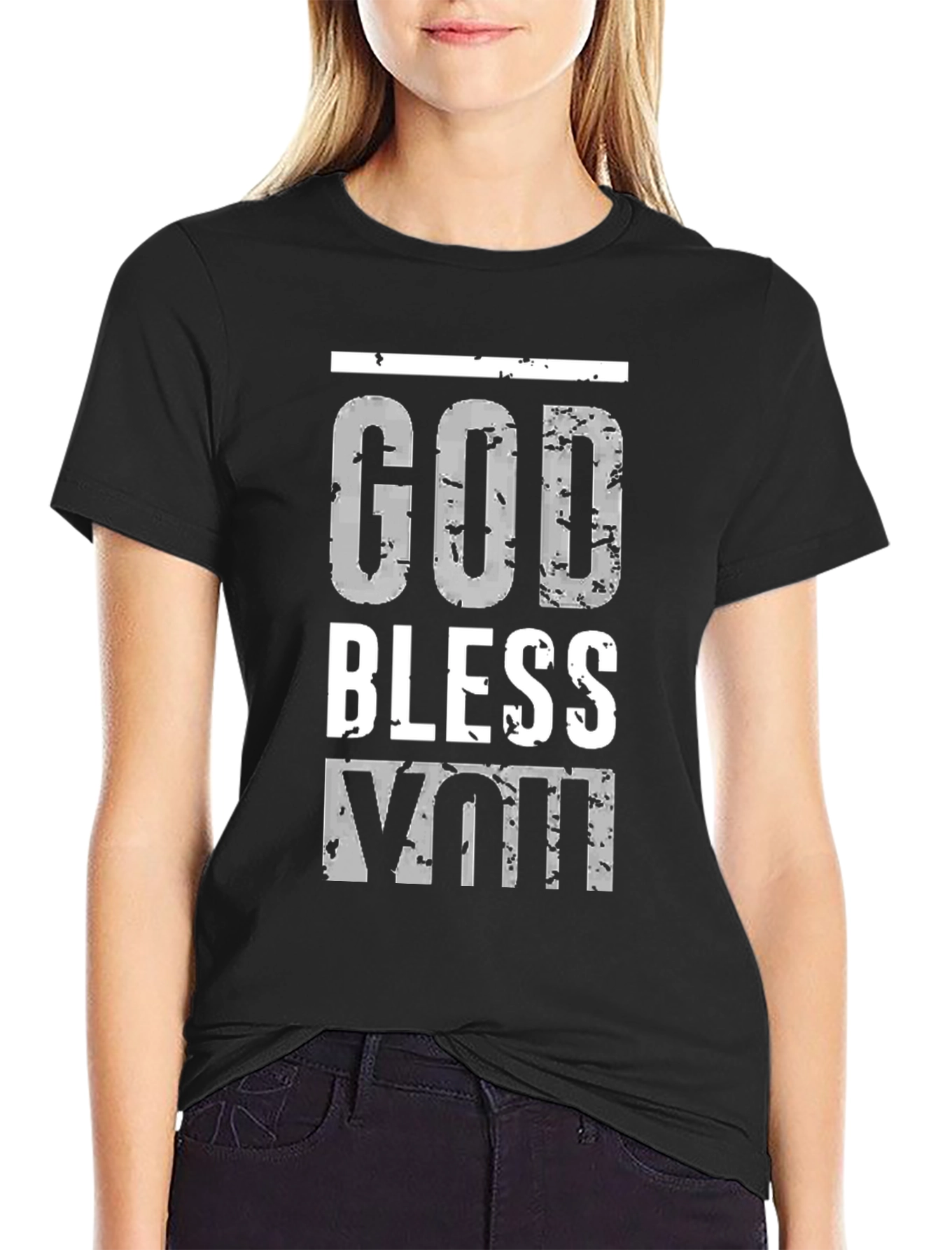 Black God Bless You Graphic Print Black T-Shirt view 2