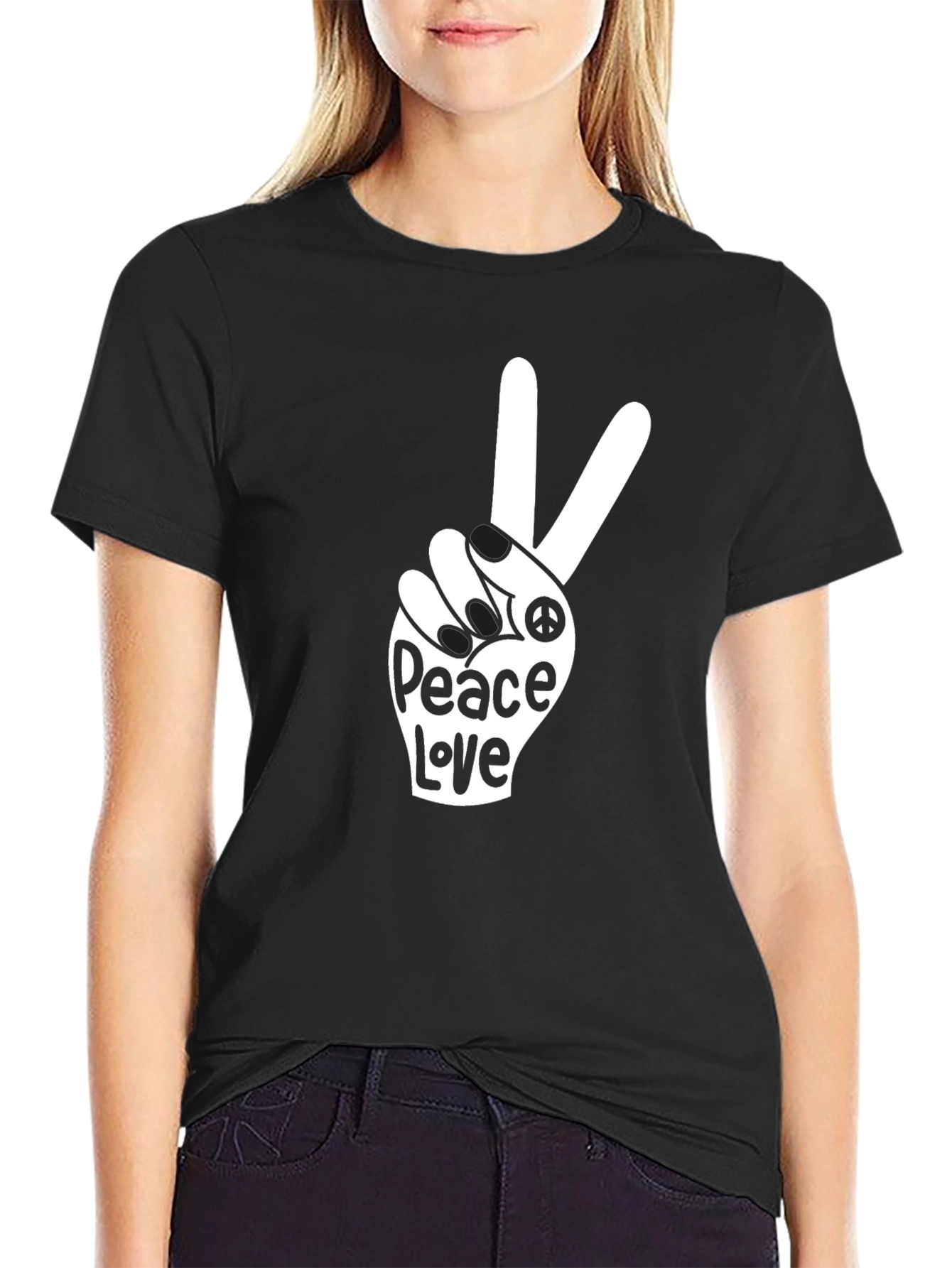 Black Peace Love T-Shirt - Black Crew Neck Tee view 2