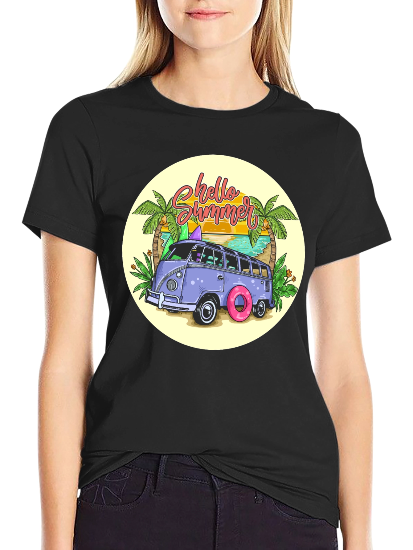 Black Summer Beach Van T-Shirt view 2