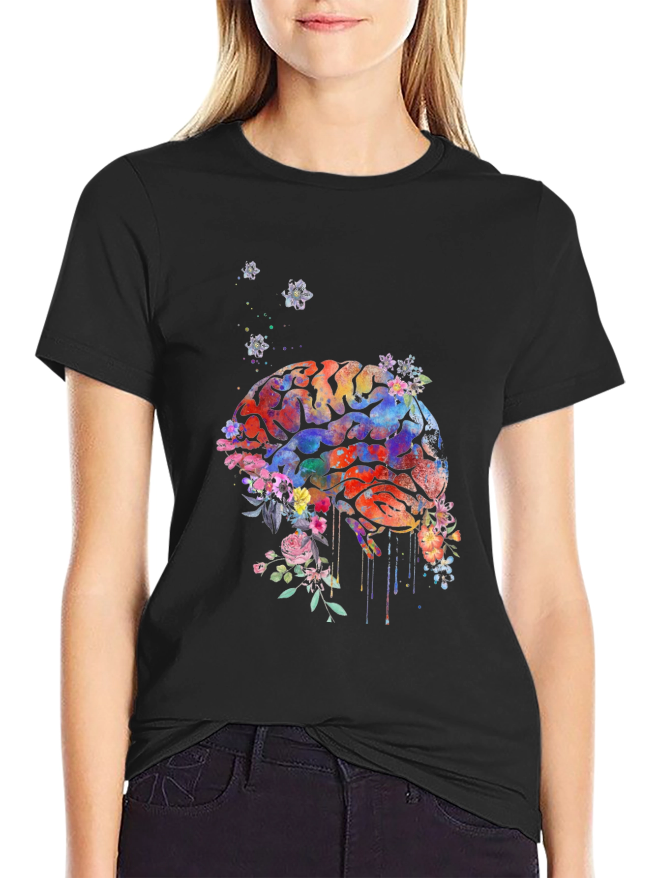 Black Brain Flowers T-Shirt - Artistic Graphic Tee view 2