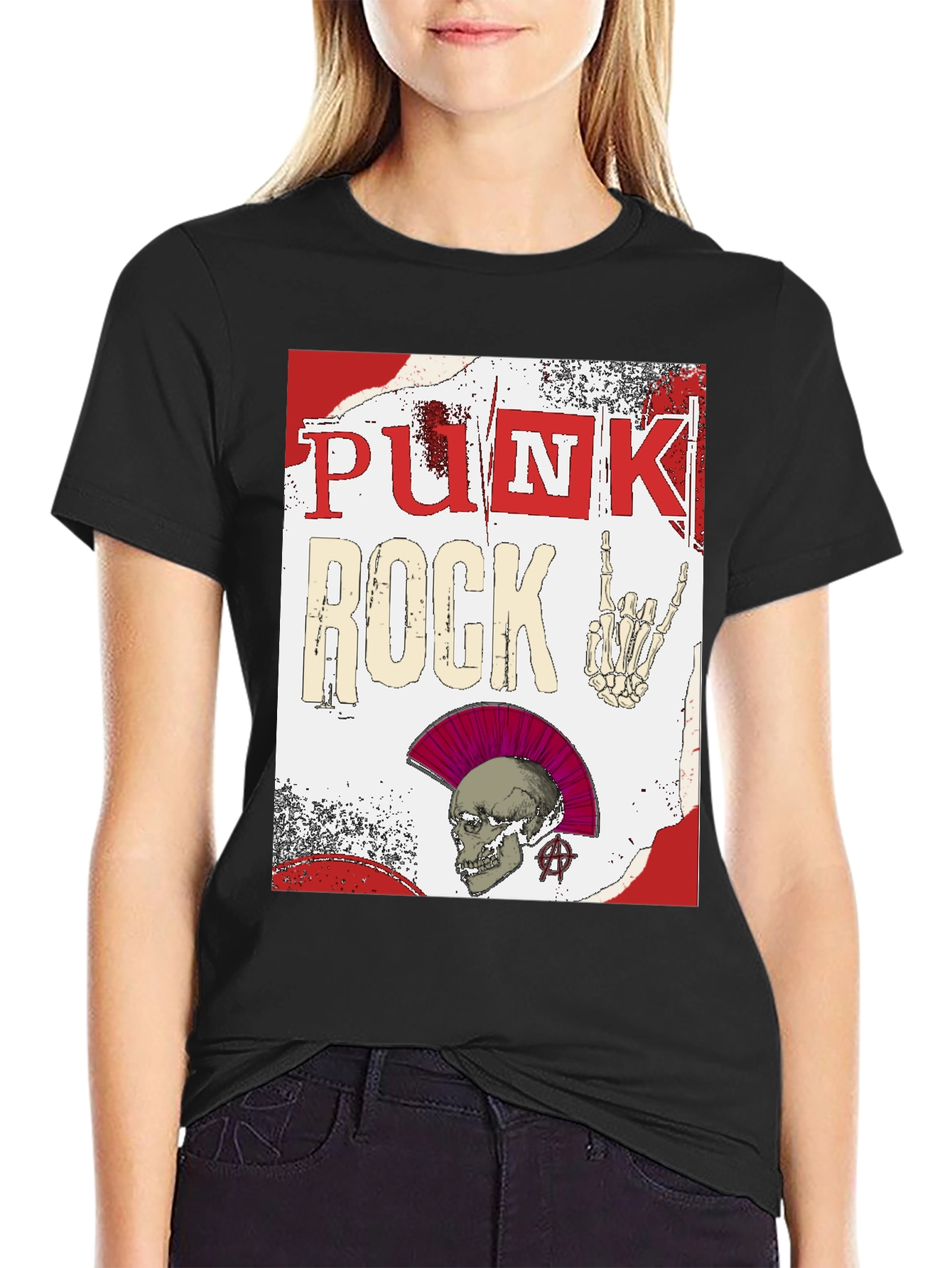 Black Punk Rock Graphic Tee - Edgy Skull Design view 2