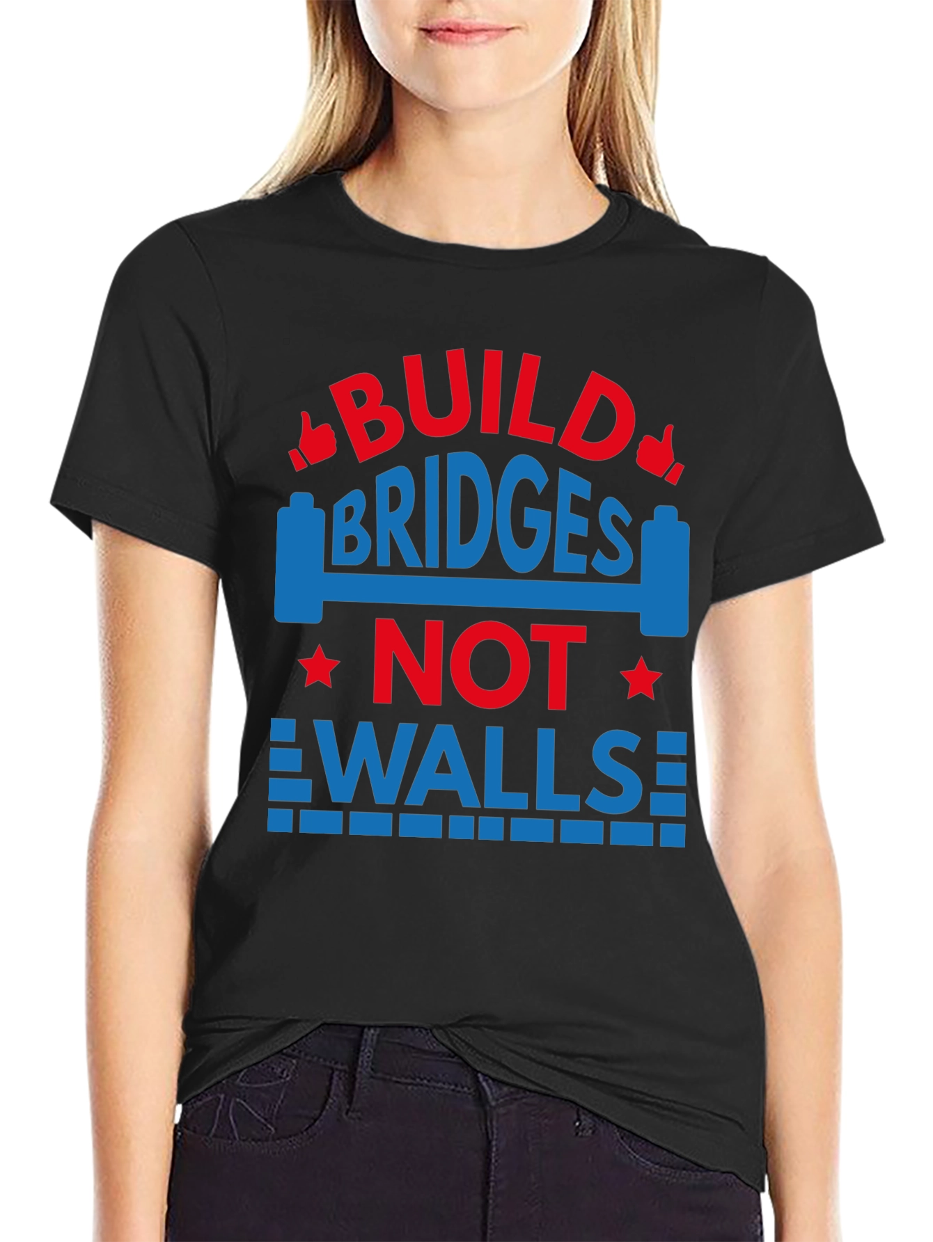 Black Build Bridges Not Walls Graphic Tee view 2
