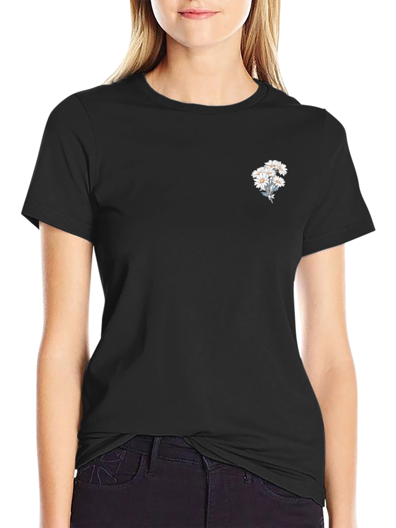 Black Black T-Shirt with Daisy Bouquet Design view 2