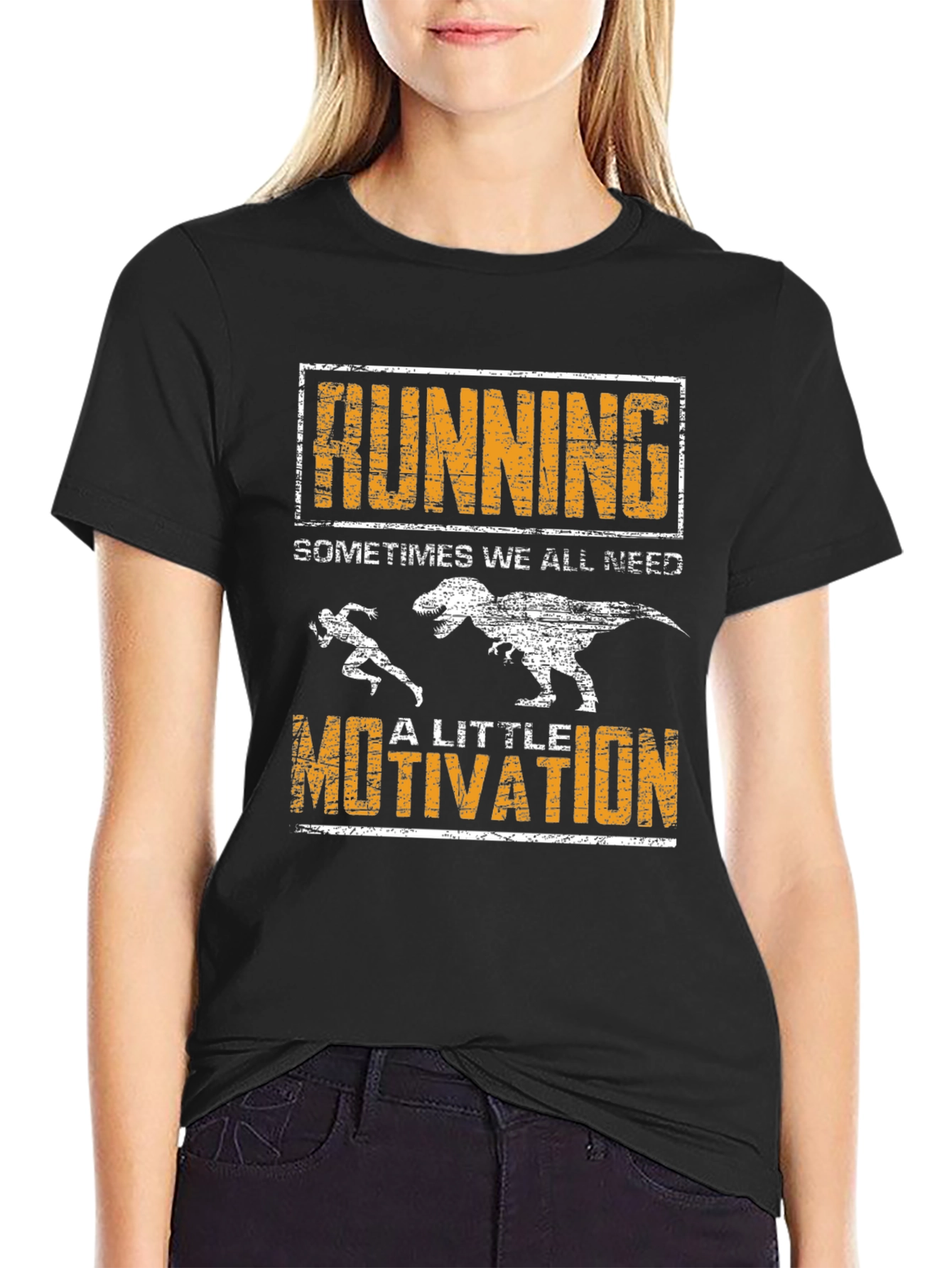 Black Running Motivation T-Shirt - Dinosaur Chase Graphic view 2