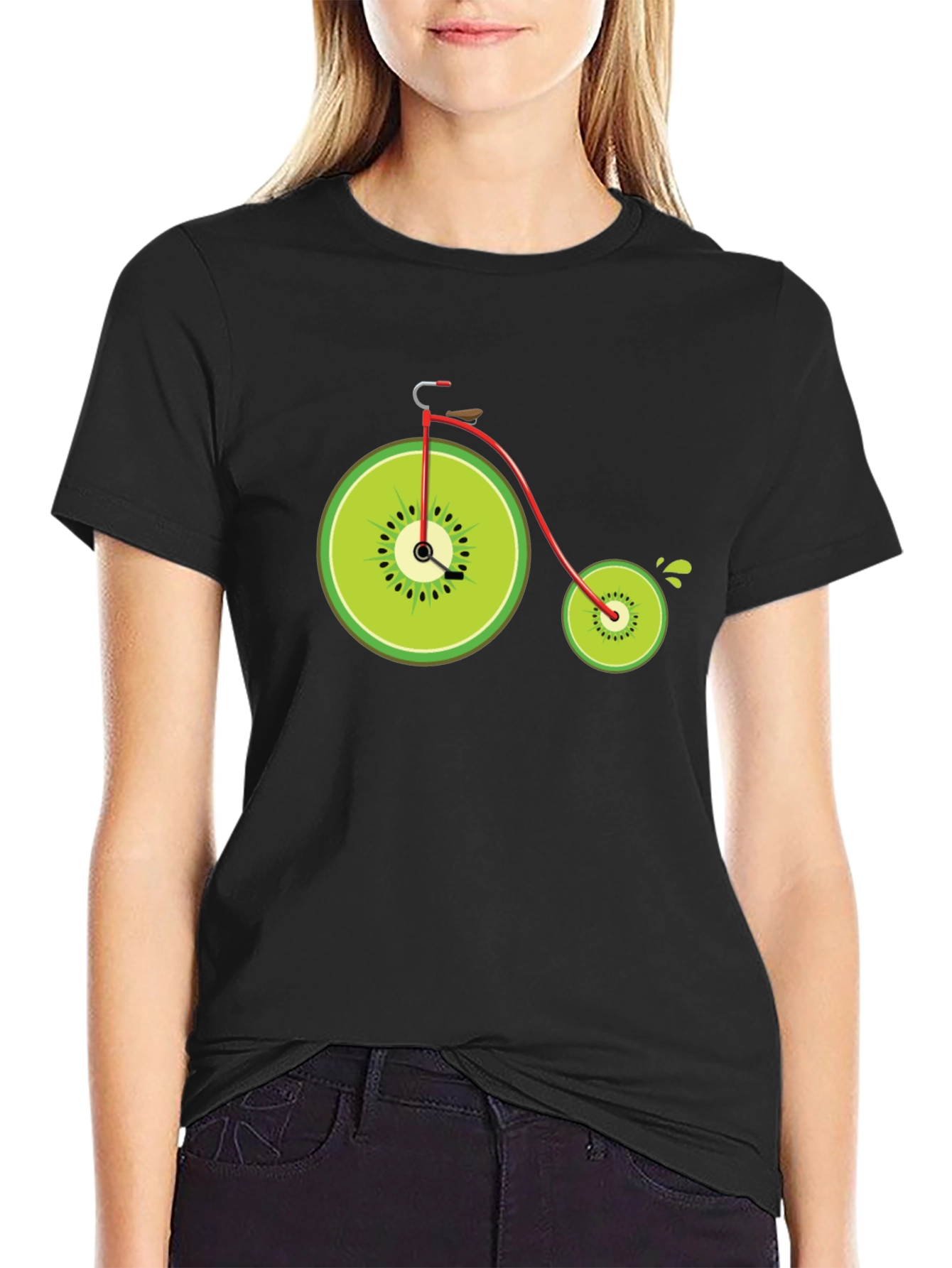 Black Kiwi Bike Graphic Tee - Quirky Fruit Bicycle Design view 2
