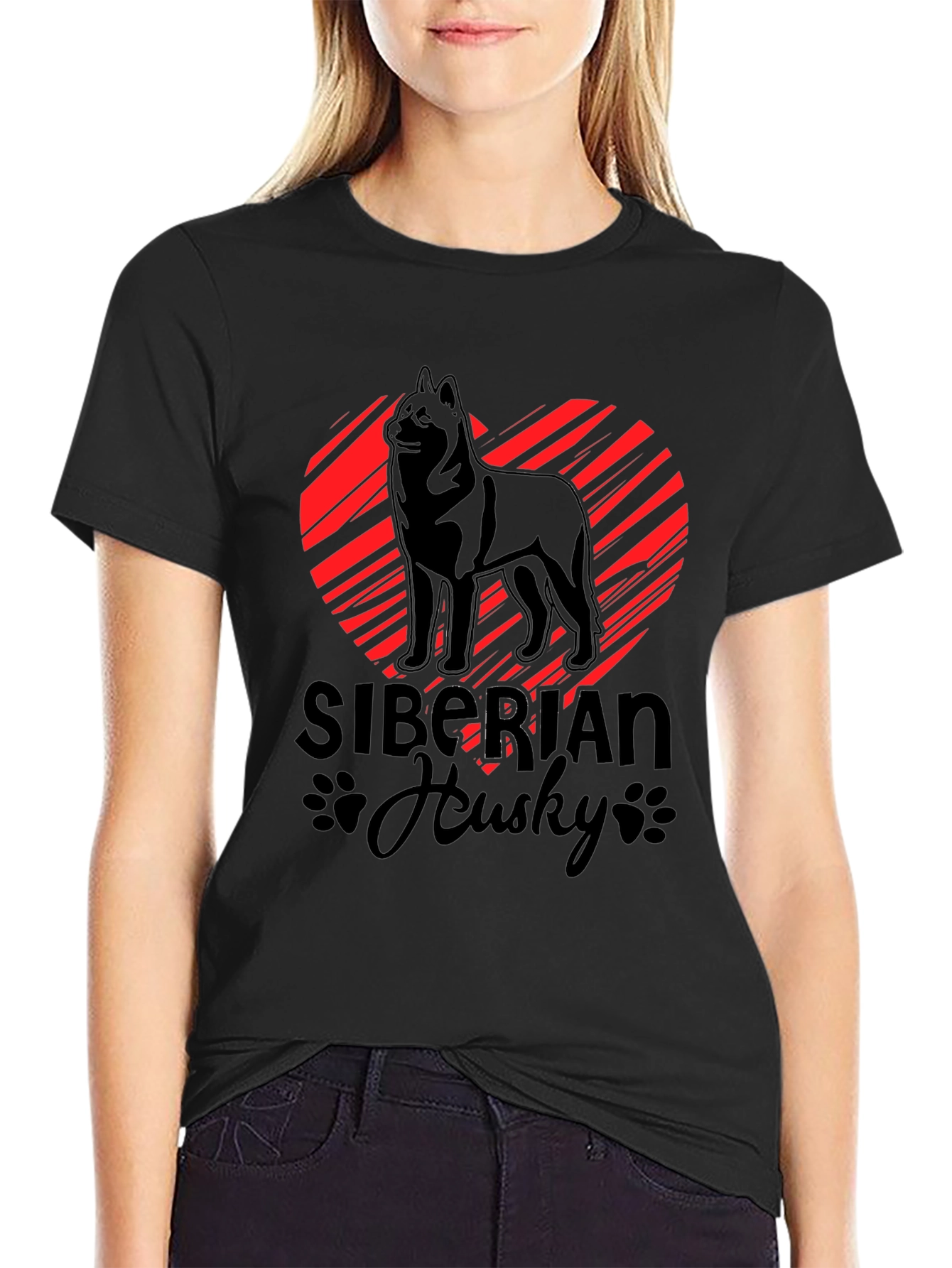 Black Siberian Husky Heart Graphic Black T-Shirt view 2