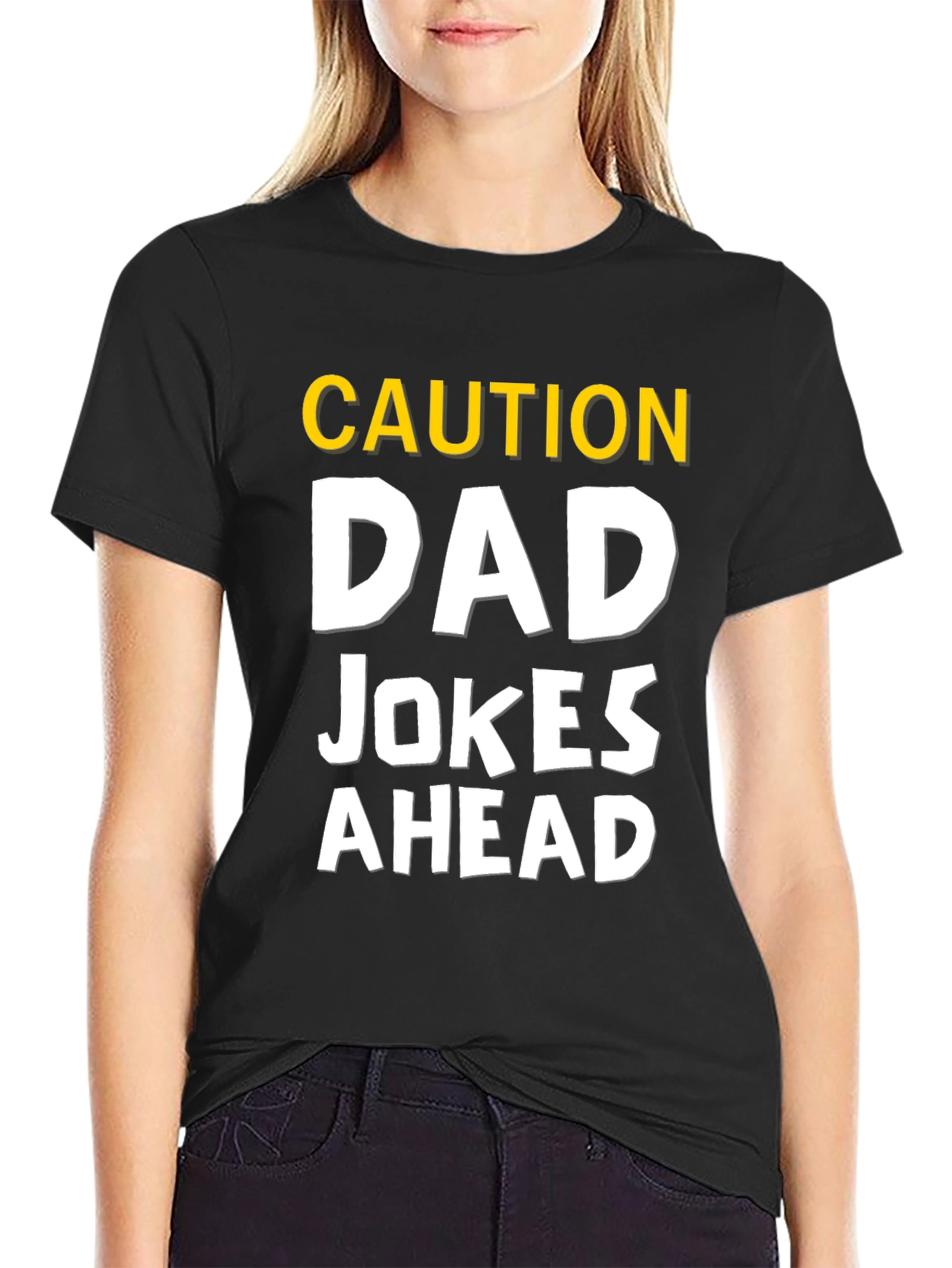 Black Caution Dad Jokes Ahead Humor Graphic Tee view 2