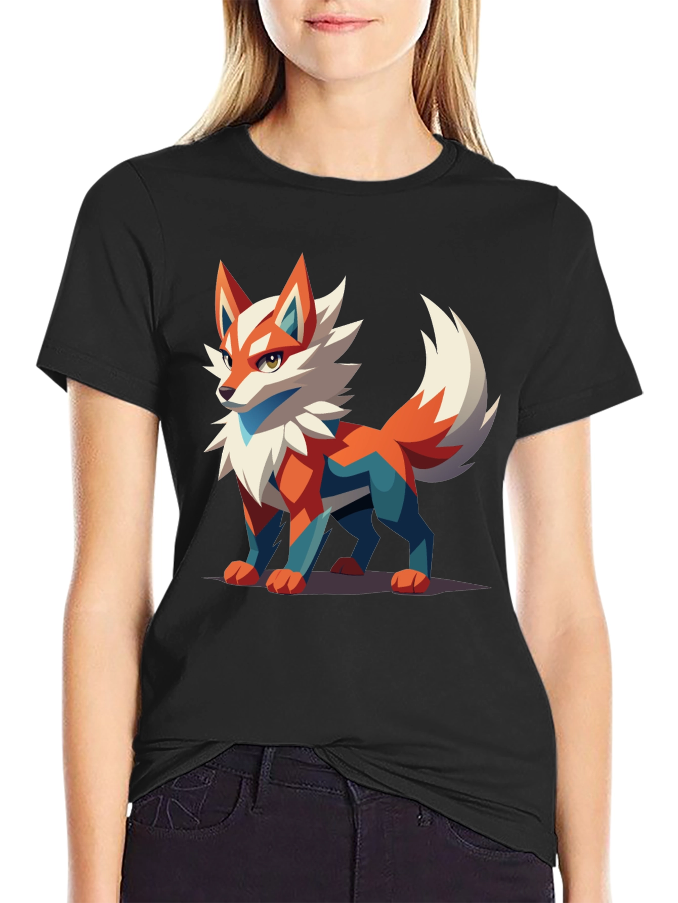 Black Men's Black T-Shirt with Geometric Fox Graphic view 2