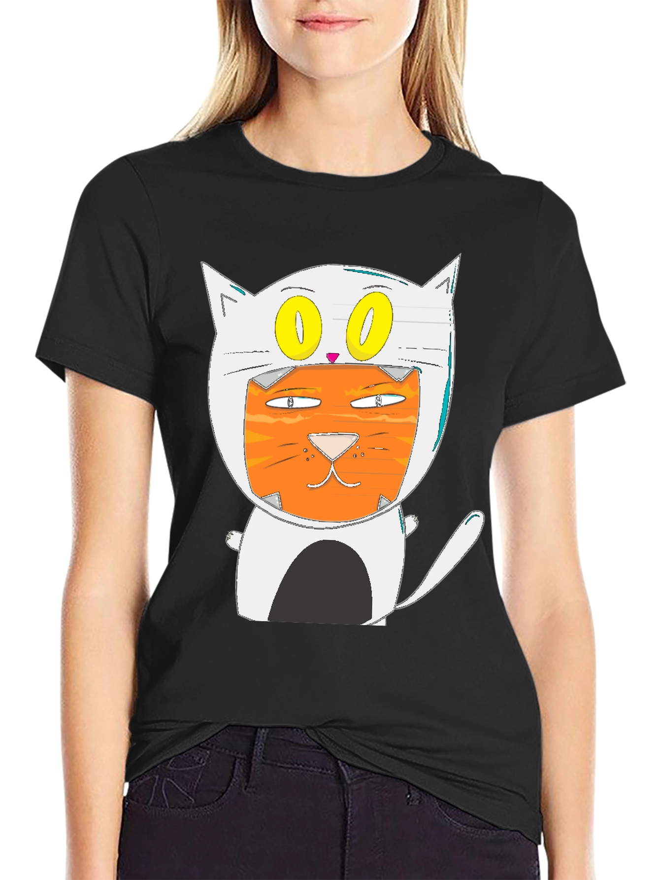 Black Cartoon Cat T-Shirt: Quirky Graphic Tee view 2