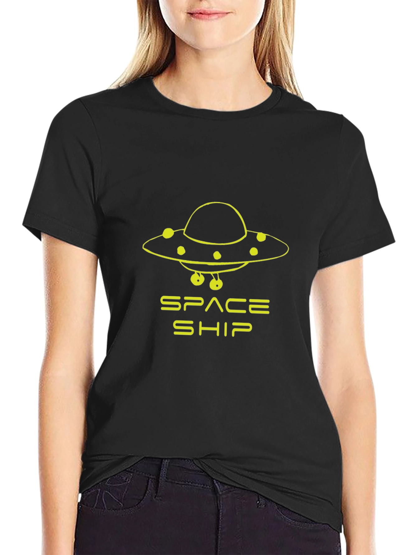 Black Space Ship UFO Graphic T-Shirt - Black view 2
