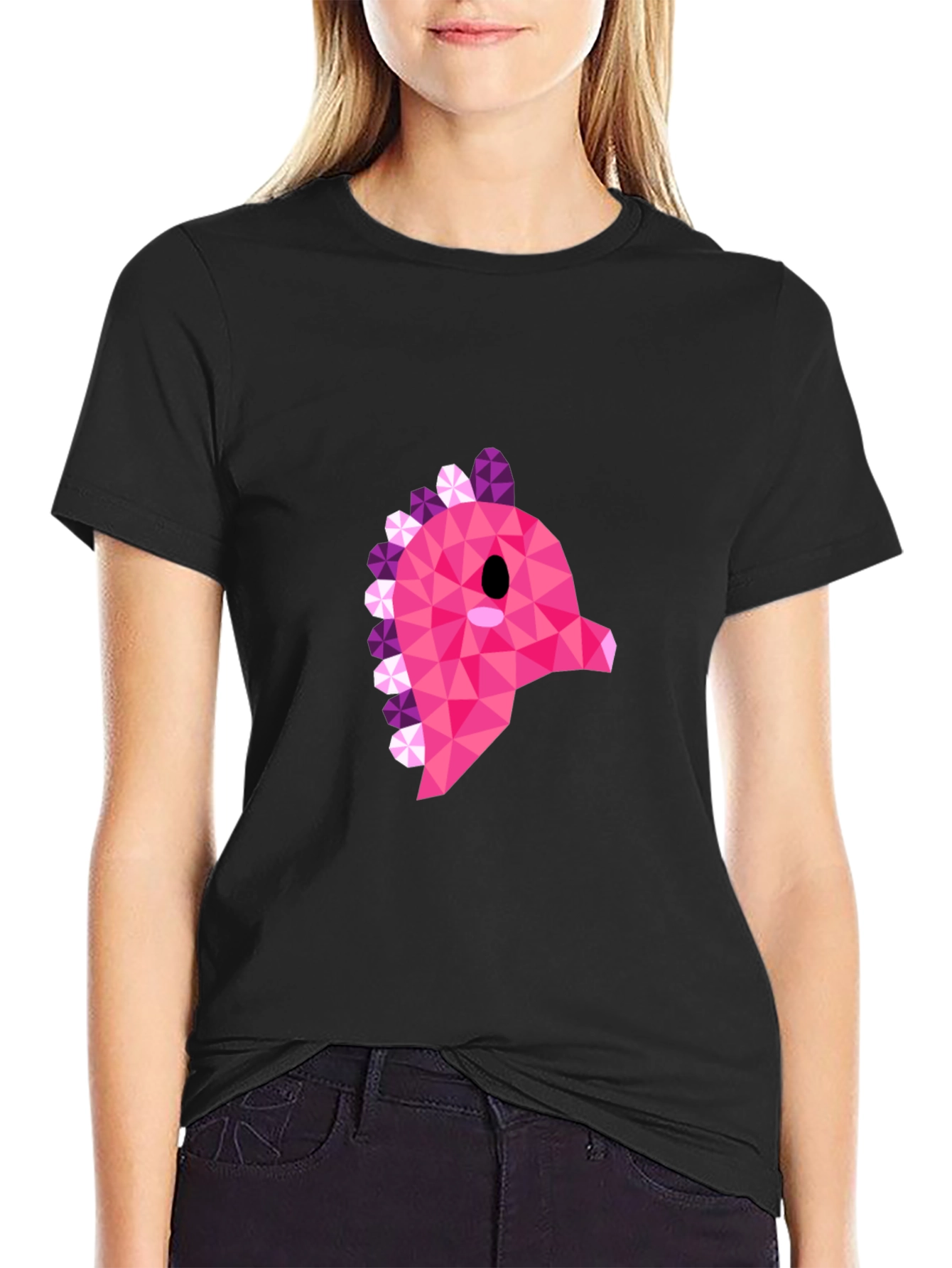 Black Geometric Pink Dinosaur Graphic T-Shirt - Modern Style view 2